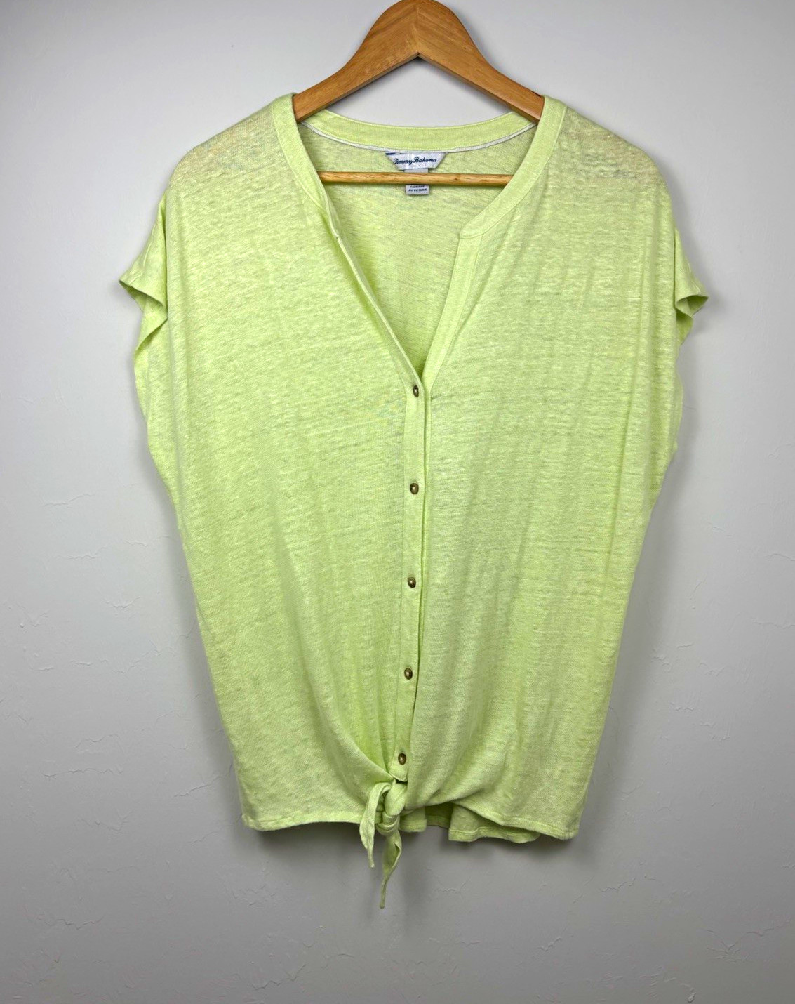 Tommy Bahama Women’s Green 100% Linen V-Neck Cap Sleeve Button Tie Top M