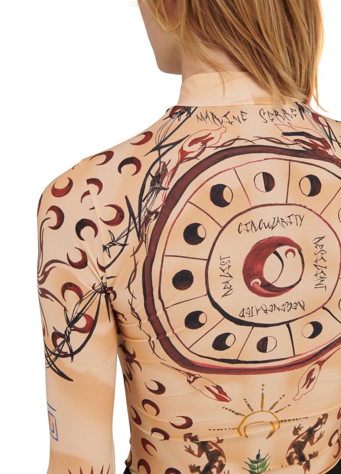 Marine Serre Whiteline Tan Tattoo Moon Logo Print Second Skin Top | Size XL $430