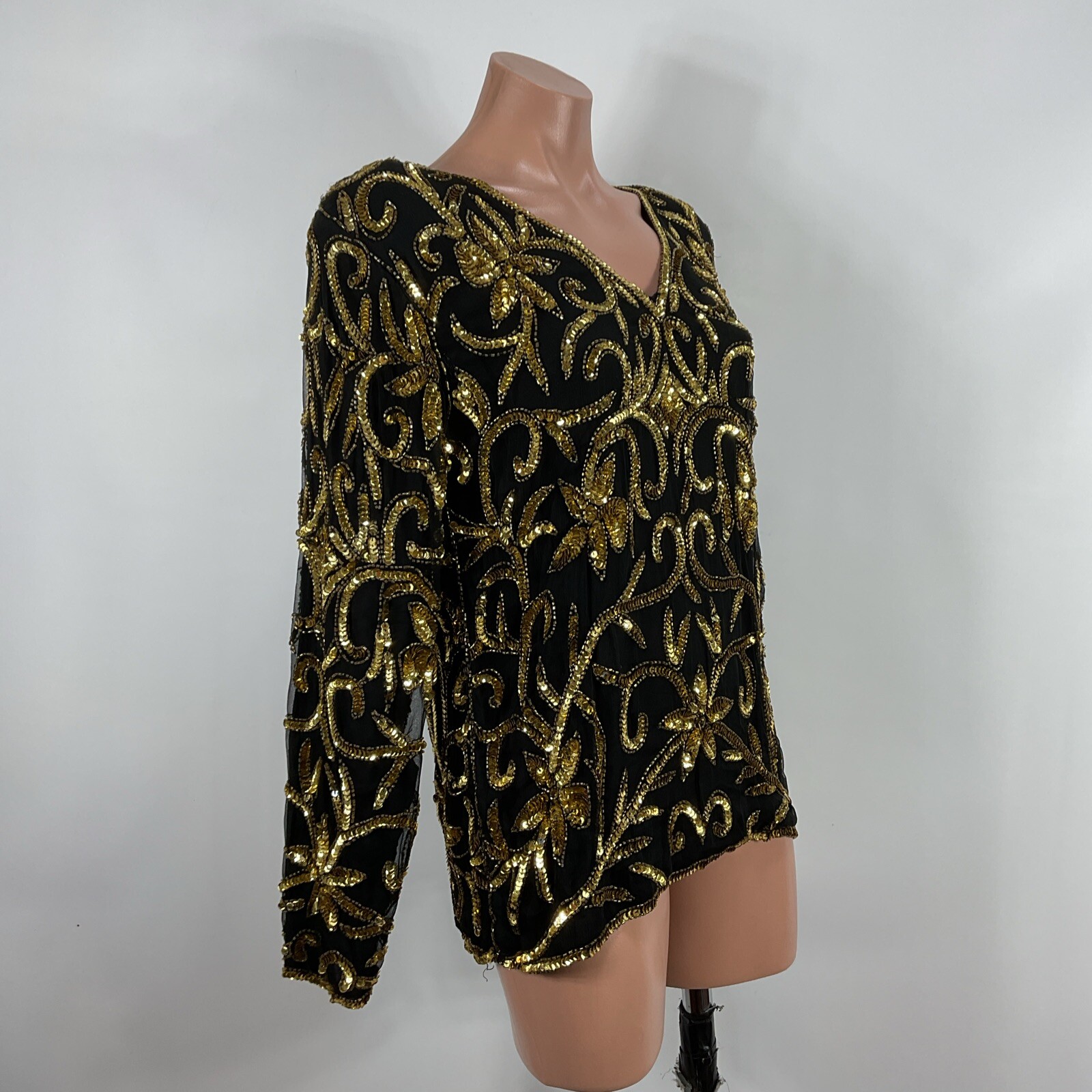 Vtg Womens Sequin Silk Top Black Gold Jean Joseph Le Bon Long Sleeve Sz M
