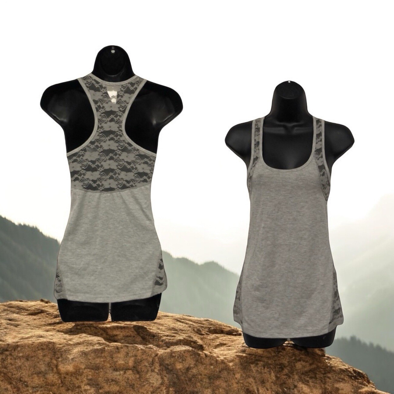 Chebery gray Stretchy lace trimmed Racer back tank top Women’s Size M Medium