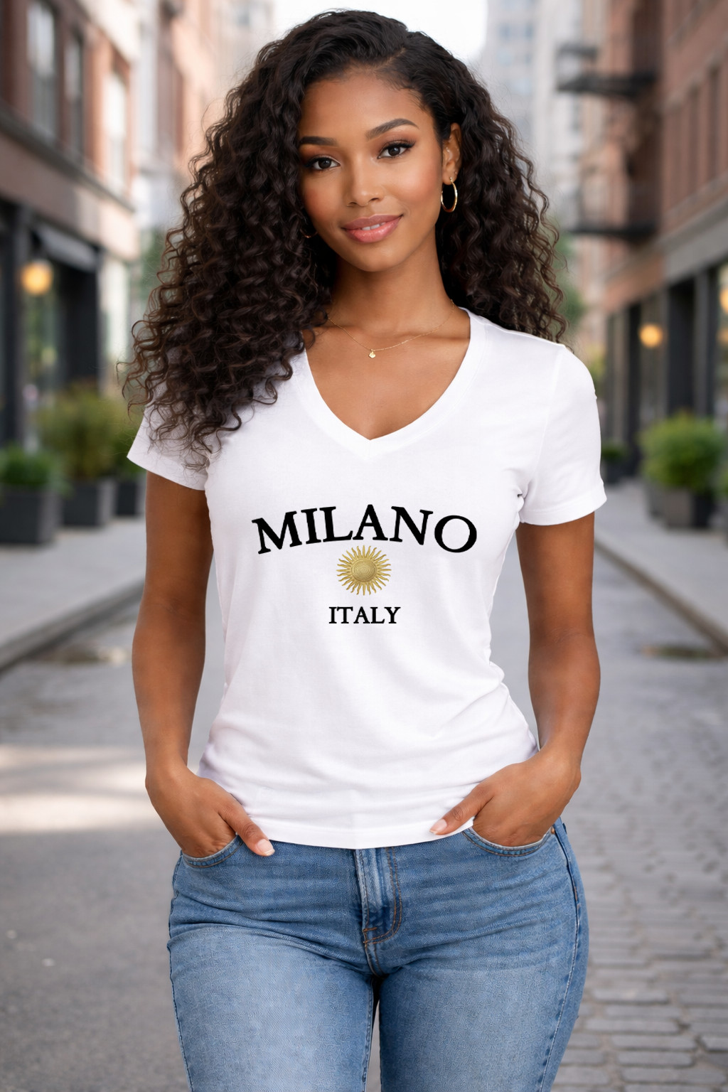 Milano Italy Women’s V-Neck Graphic T-Shirt Stylish Travel Fashion Tee Italian