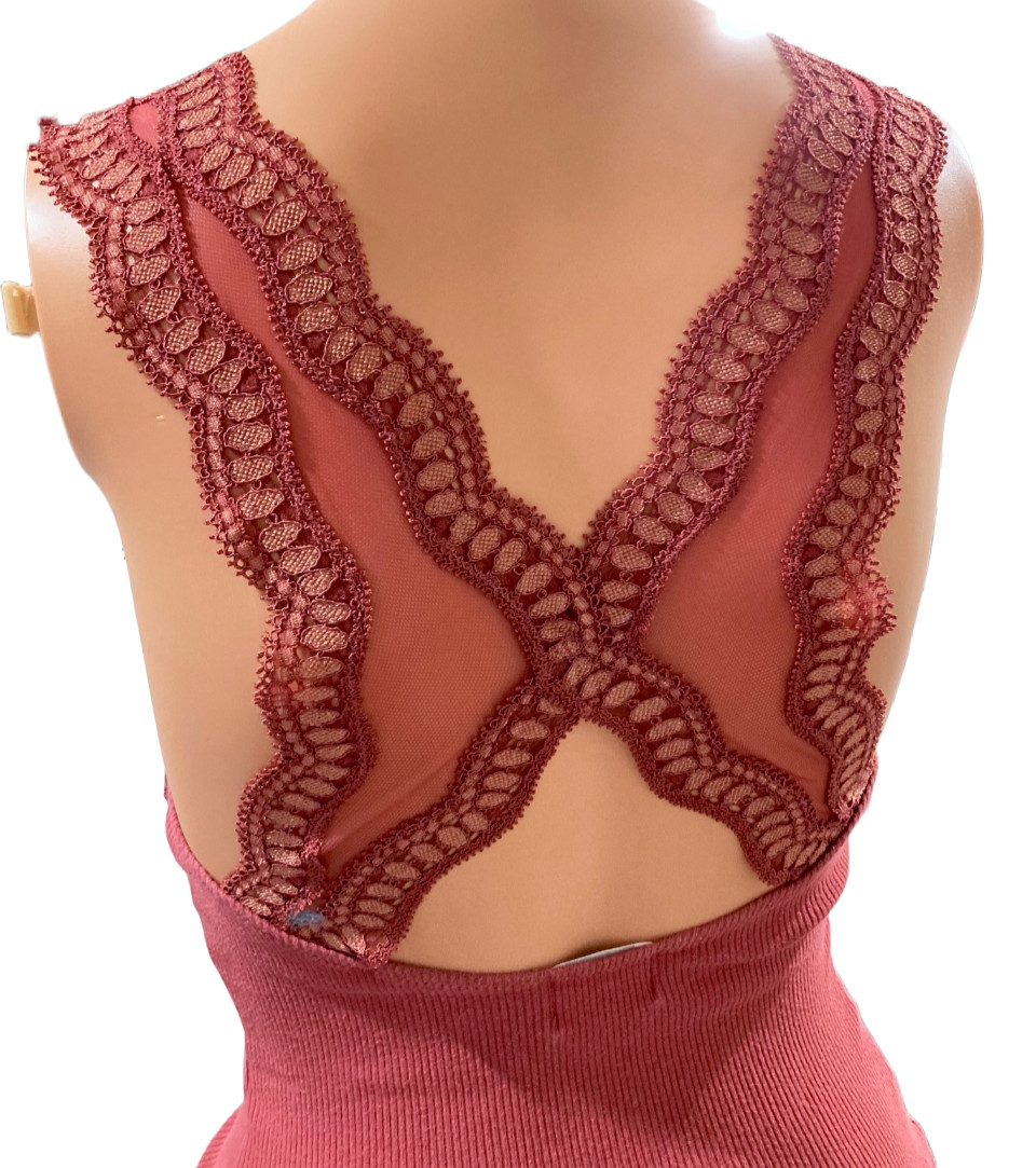 Free People Pumpkin Scalloped Lace Trim Rib Cotton Tank Mesh Lace Wing Back S