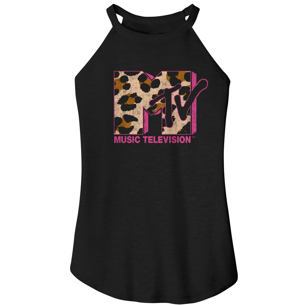MTV Music Television Neon Pink & Leopard Print Logo Women’s Rocker Tank T Shirt