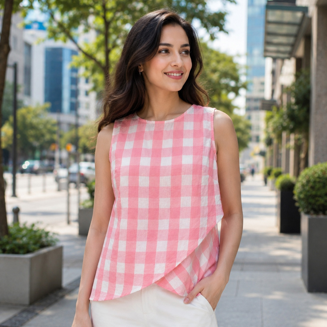 Womens tops Pure Cotton Pink Gingham sleeveless Short Kurti for Ladies