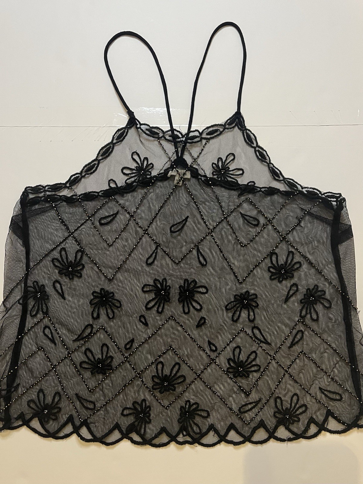 En Crème Sheer Beaded Mesh Cami Top Black Floral Embroidered Scallop Hem L