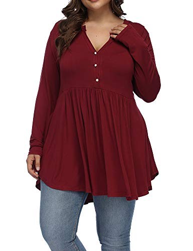 ALLEGRACE Women’s Plus Size Henley V Neck Button Tunic Tops Long sleeve