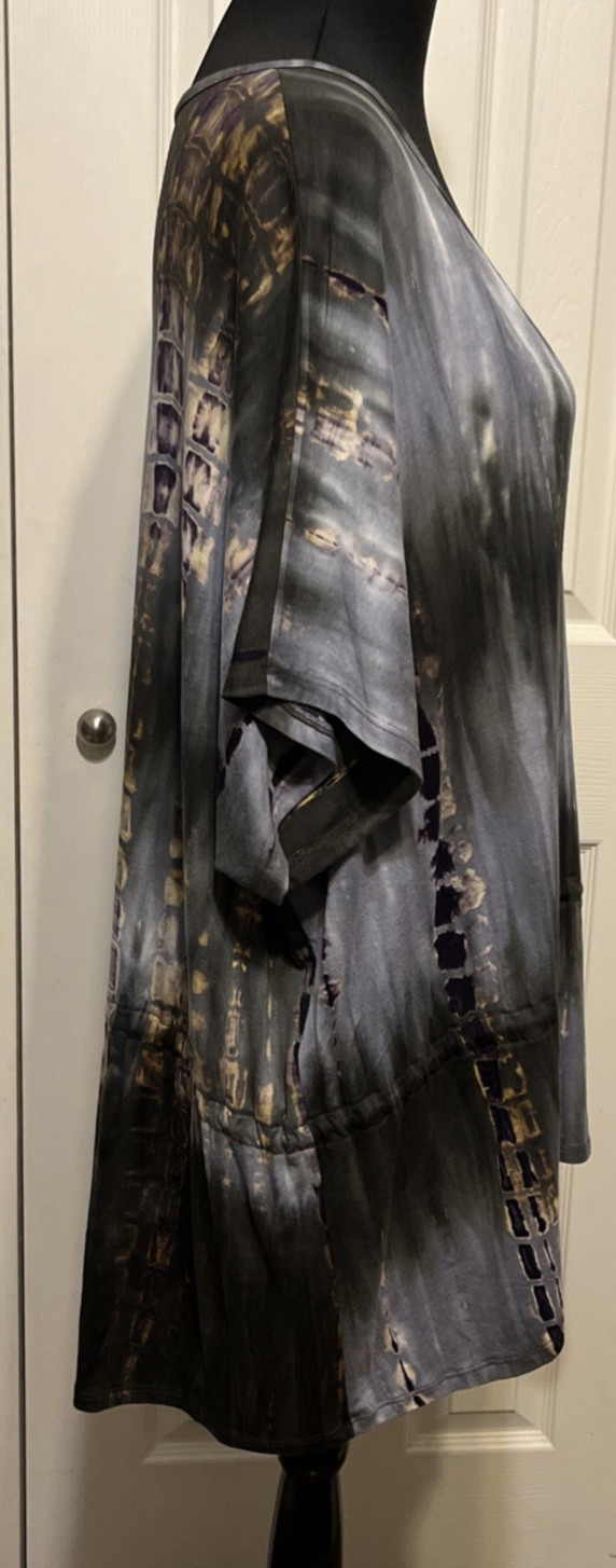Coin 1804 Gray Abstract Short Sleeve Jersey Knit Tunic w/Drawstring Size 2X NWT