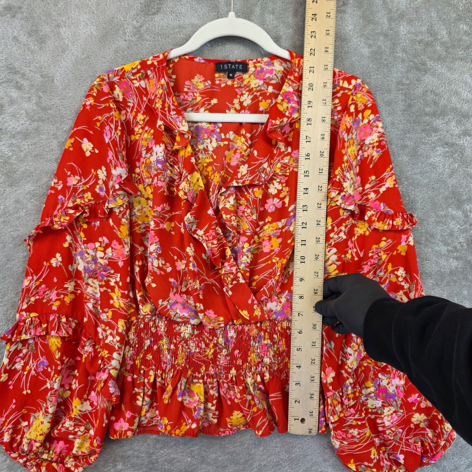 1. STATE Blouse Womens M Red V Neck Long Balloon Sleeve Floral Smocked Cropped