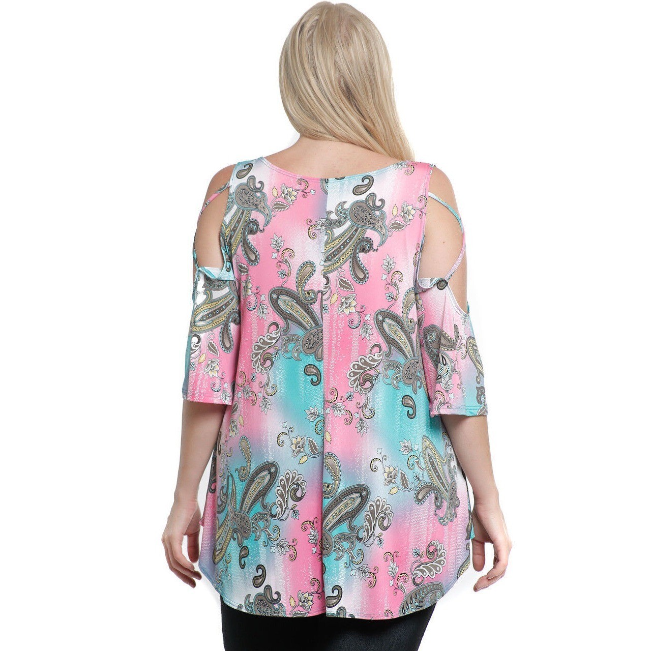 Voll Sexy BOHO PAISLEY TUNIC TOP PINK TURQUOISE FLORAL COLD SHOULDER S M L
