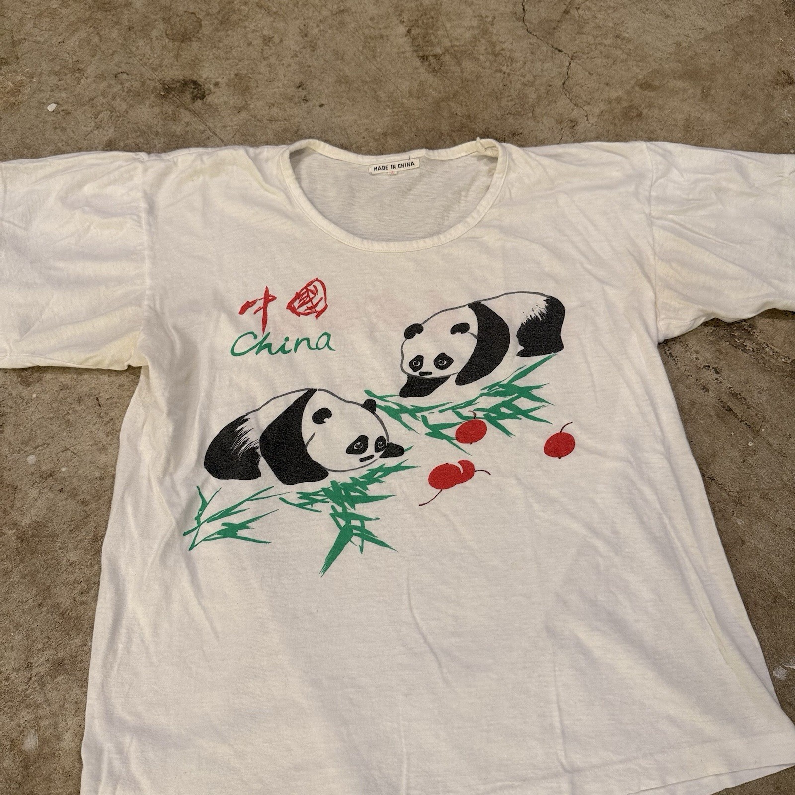 Vintage China Single Stitch T Shirt Graphic Womens L 90s Pandas Bamboo White Tee
