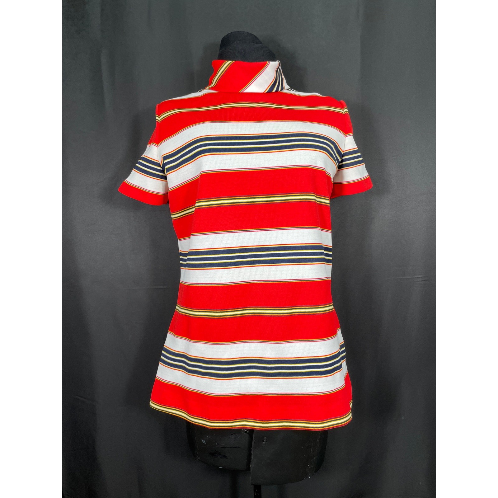Vintage Mid Century Modern Polyester Red Striped Turtle Neck, Short Sleeves Top