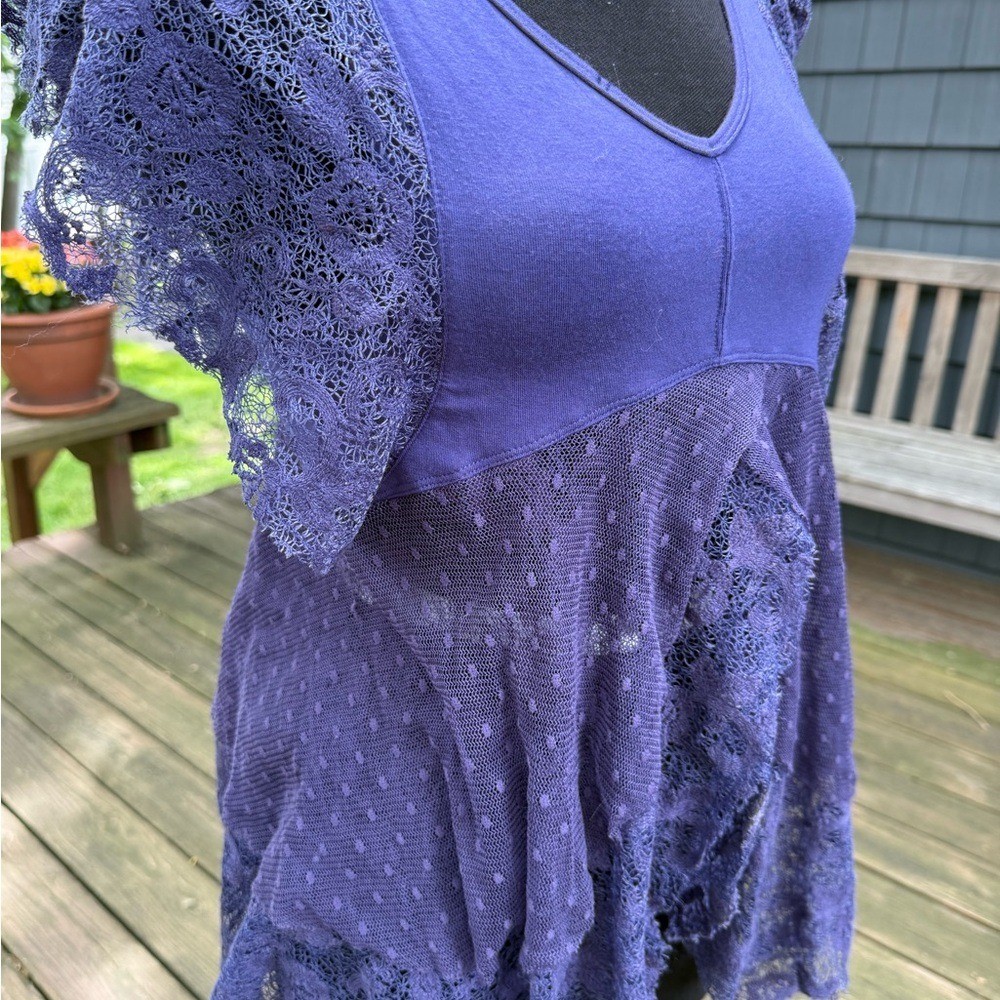 Free People Purple Lace Point Desprit Mixed Media Boho Flutter Sleeve Top XS