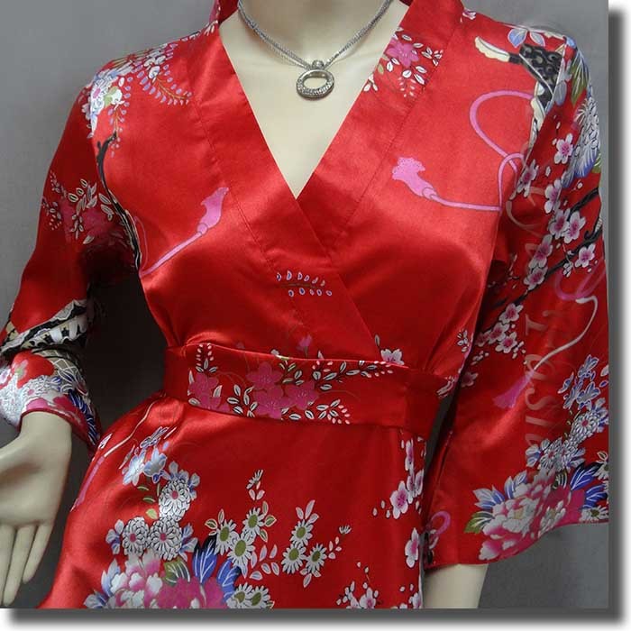 Japanese Kimono Silky Satin Blouse Top Red S/M/L/XL/2XL/3XL