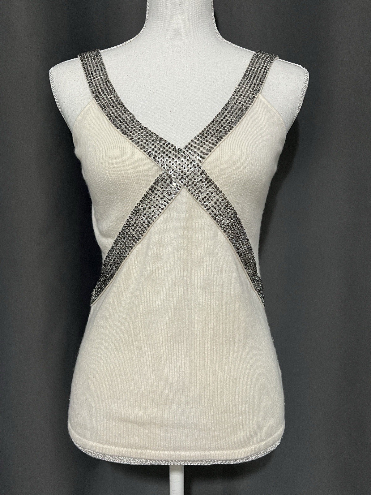 Gianni Bini Women’s Strappy Square 100% Cashmere Beaded Jeweled Tank Top Medium