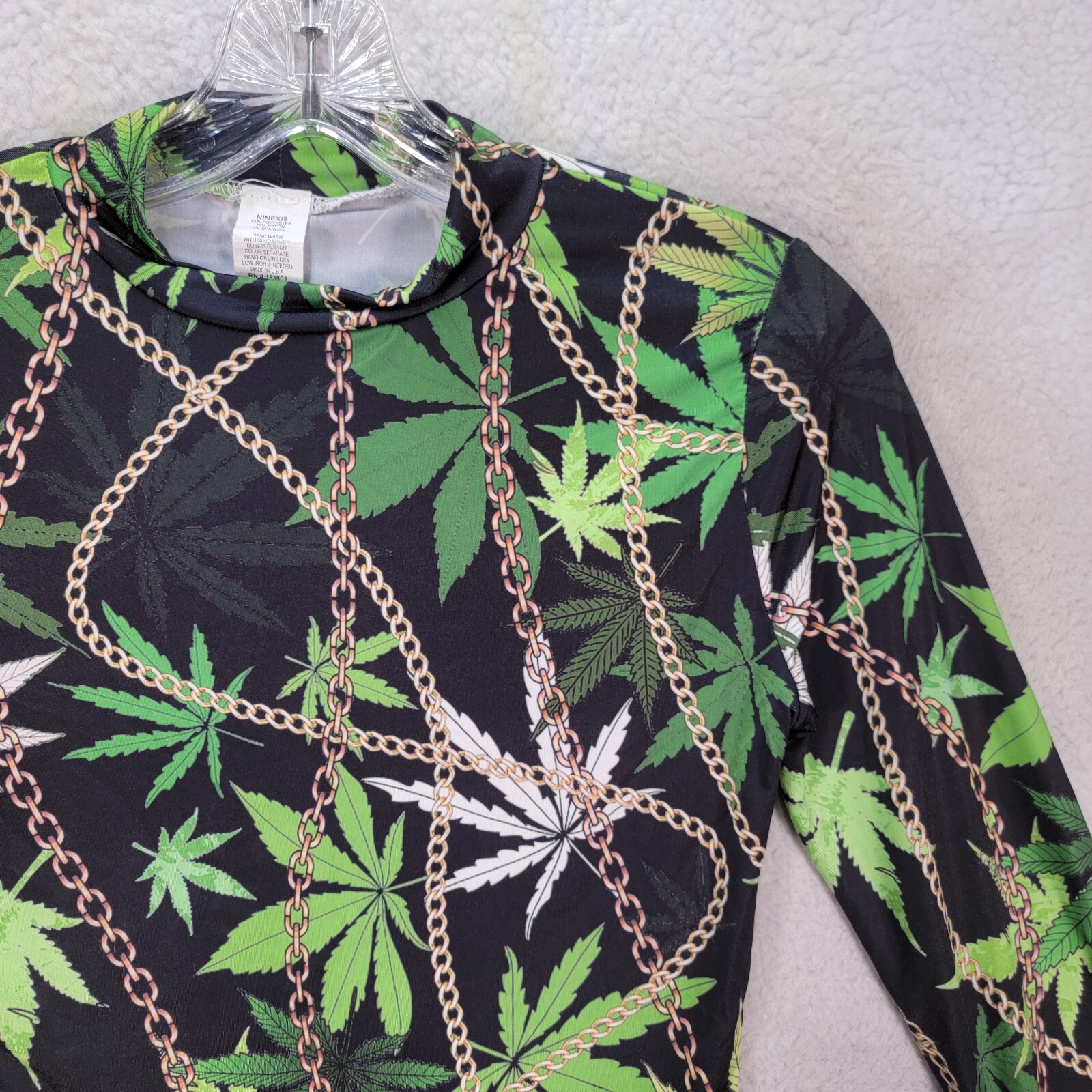 Ninexis Black Mesh Chains Leaf Sexy Canna Festival Crop Top Womens Blouse Size S