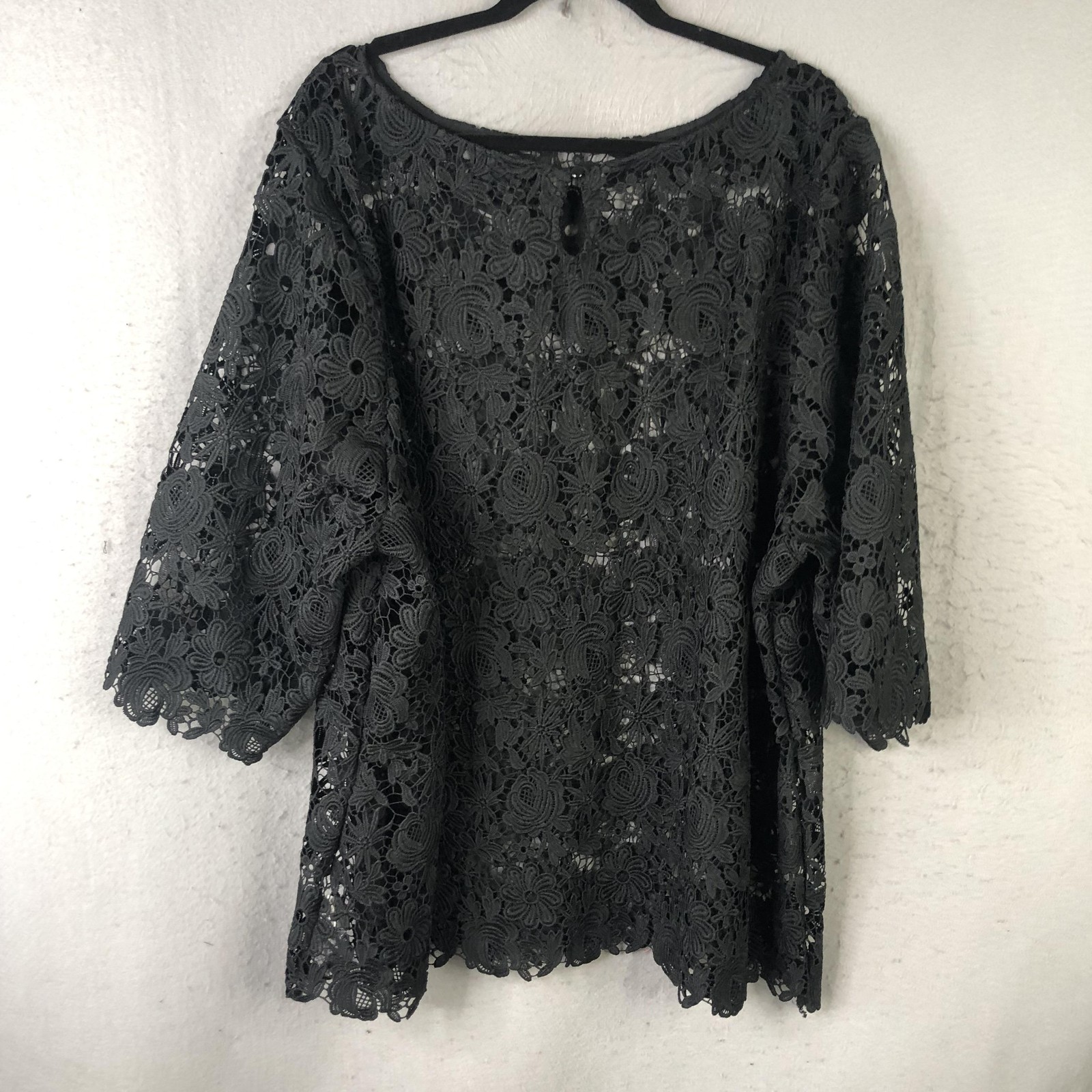 June + Vie Tunic Blouse Womens 32W Plus Black Crochet Lace Sheer Party Boho
