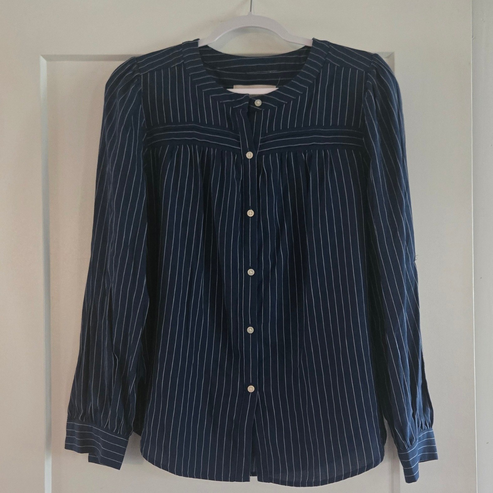 LOFT Blouse Womans M Navy Blue Pinstripe Band Collar Button Down 100% Cotton