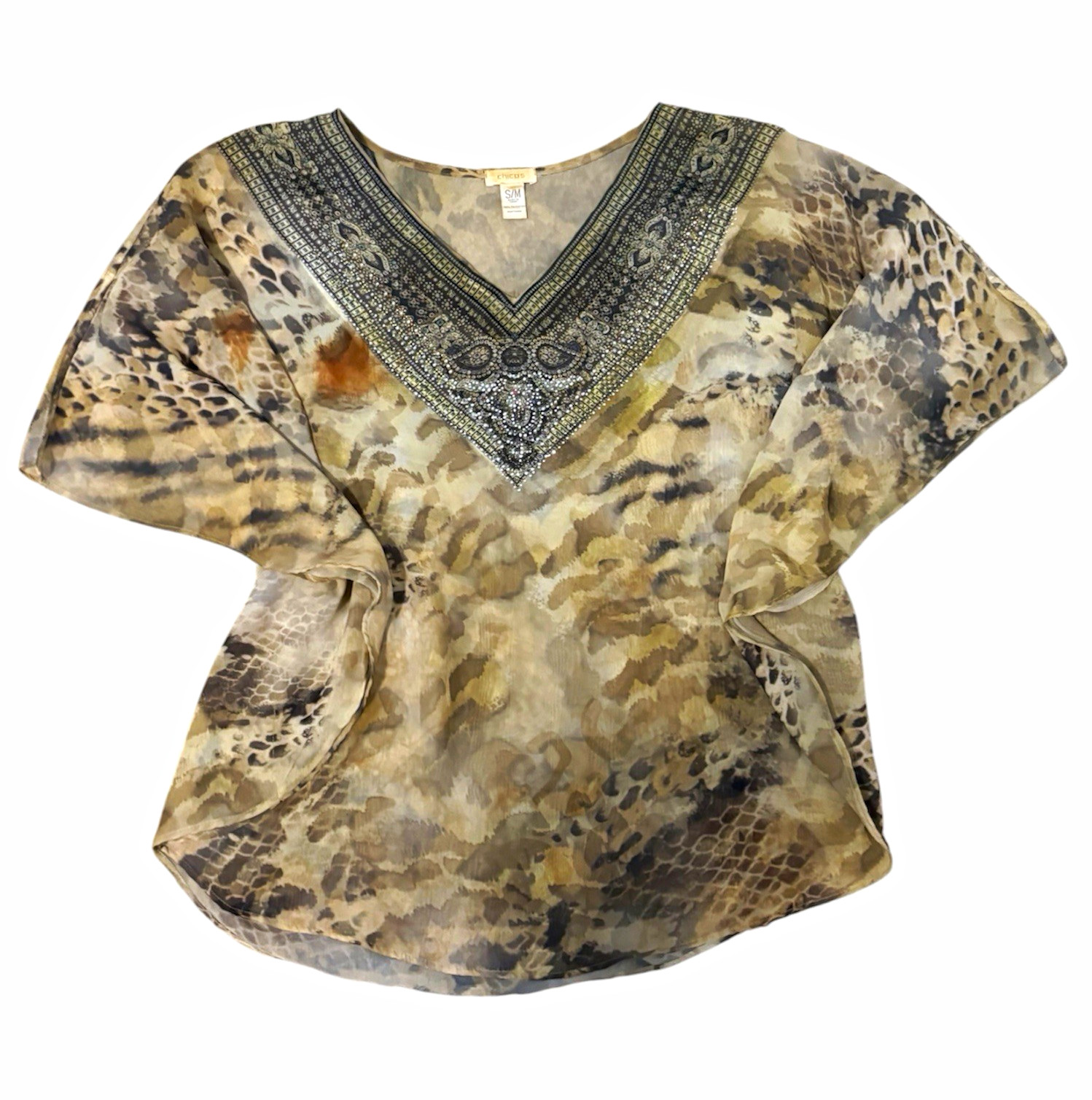 Chico’s Animal Print Chiffon Sheer V-Neck Beaded Kimono Blouse S/M