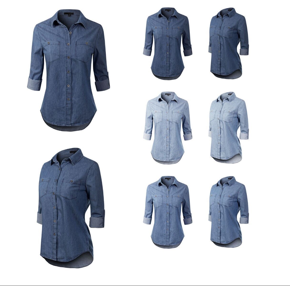 MixMatchy Basic Classic Roll up Sleeve Button Down Chambray Denim Shirt