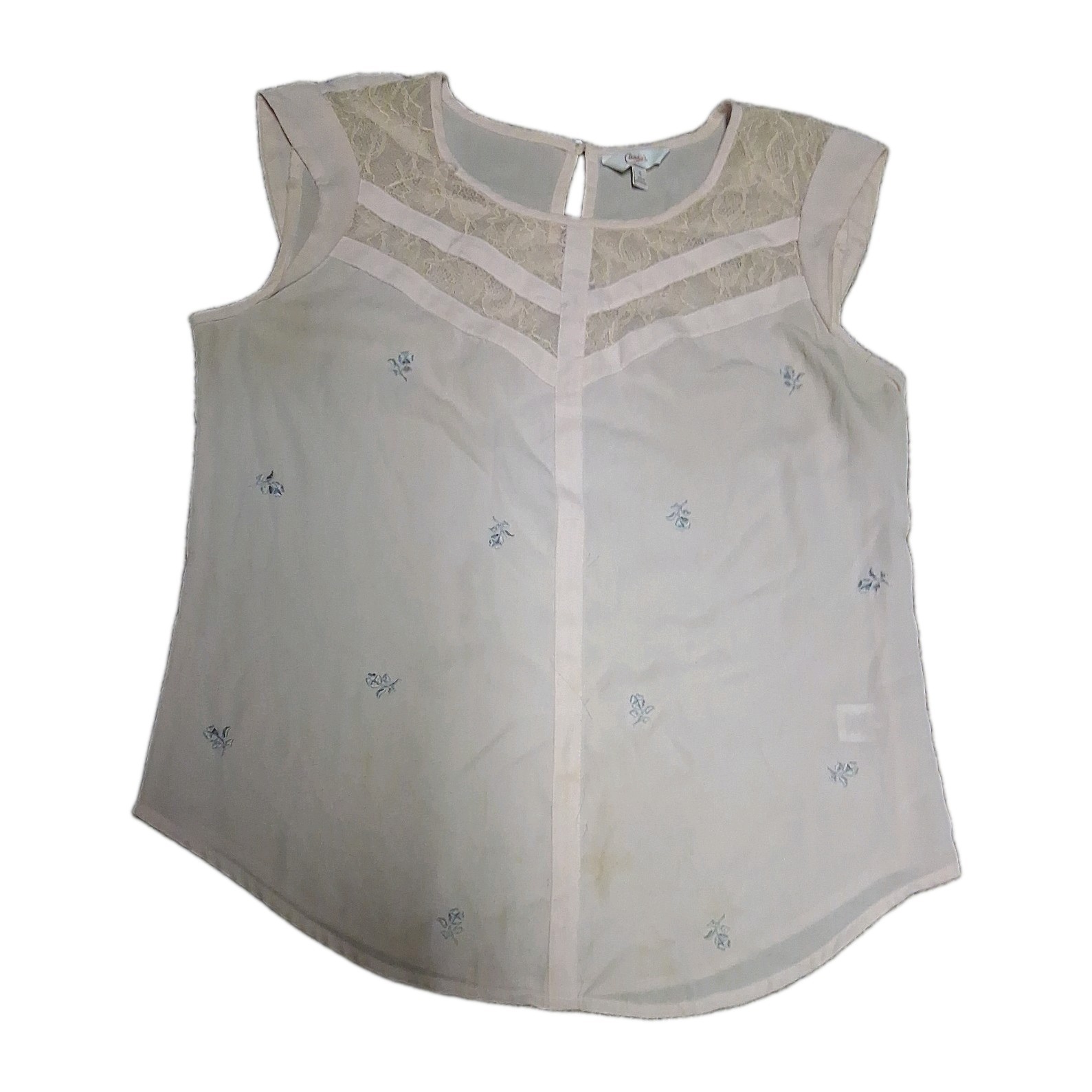 Candies Womens Blouse Size Small Soft Pink Flowers And Lace Cap Sleeves Sheer