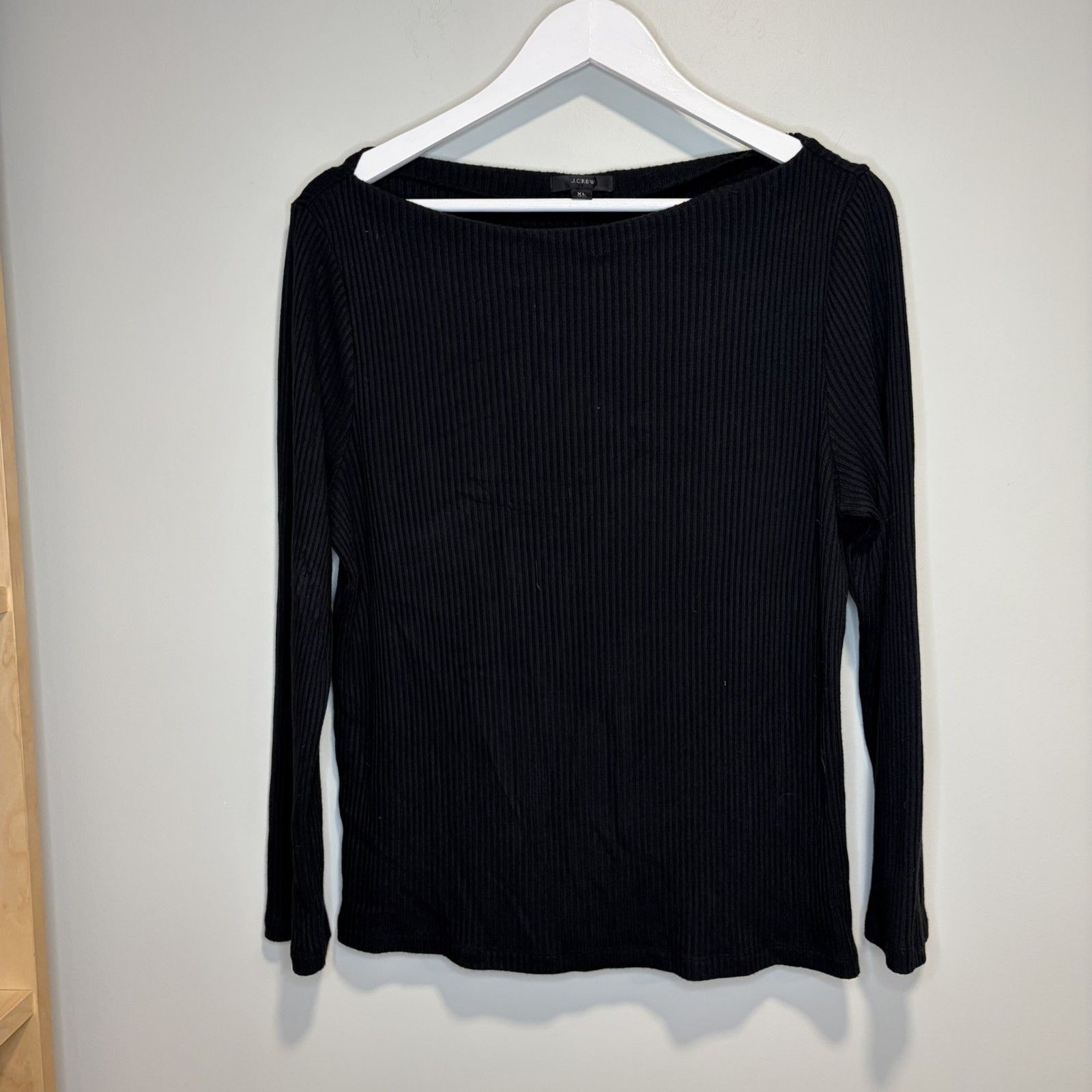 J.Crew Ribbed Boat Neck Long Sleeve Top Black Size XL Stretch Knit