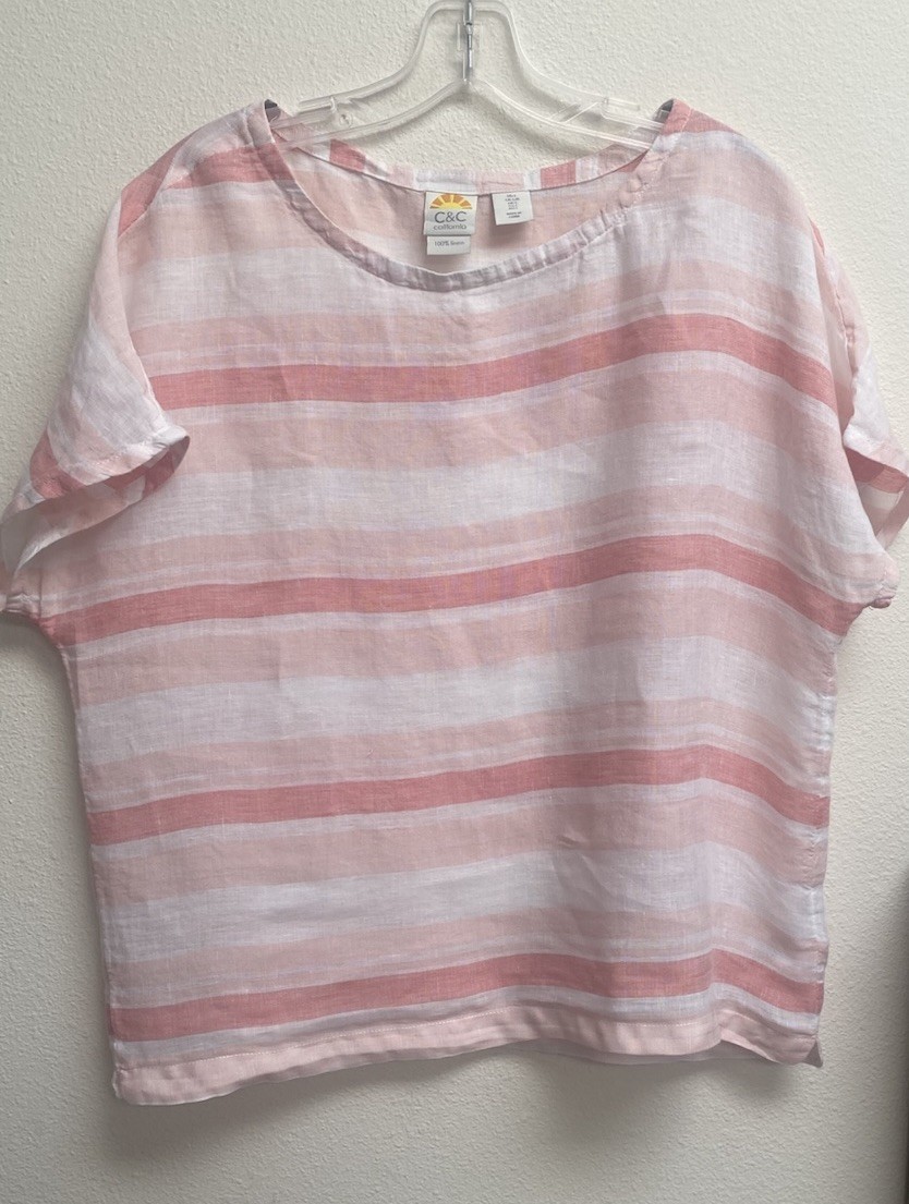 C&C California Linen Top Pink White Stripes Cap Sleeve Large
