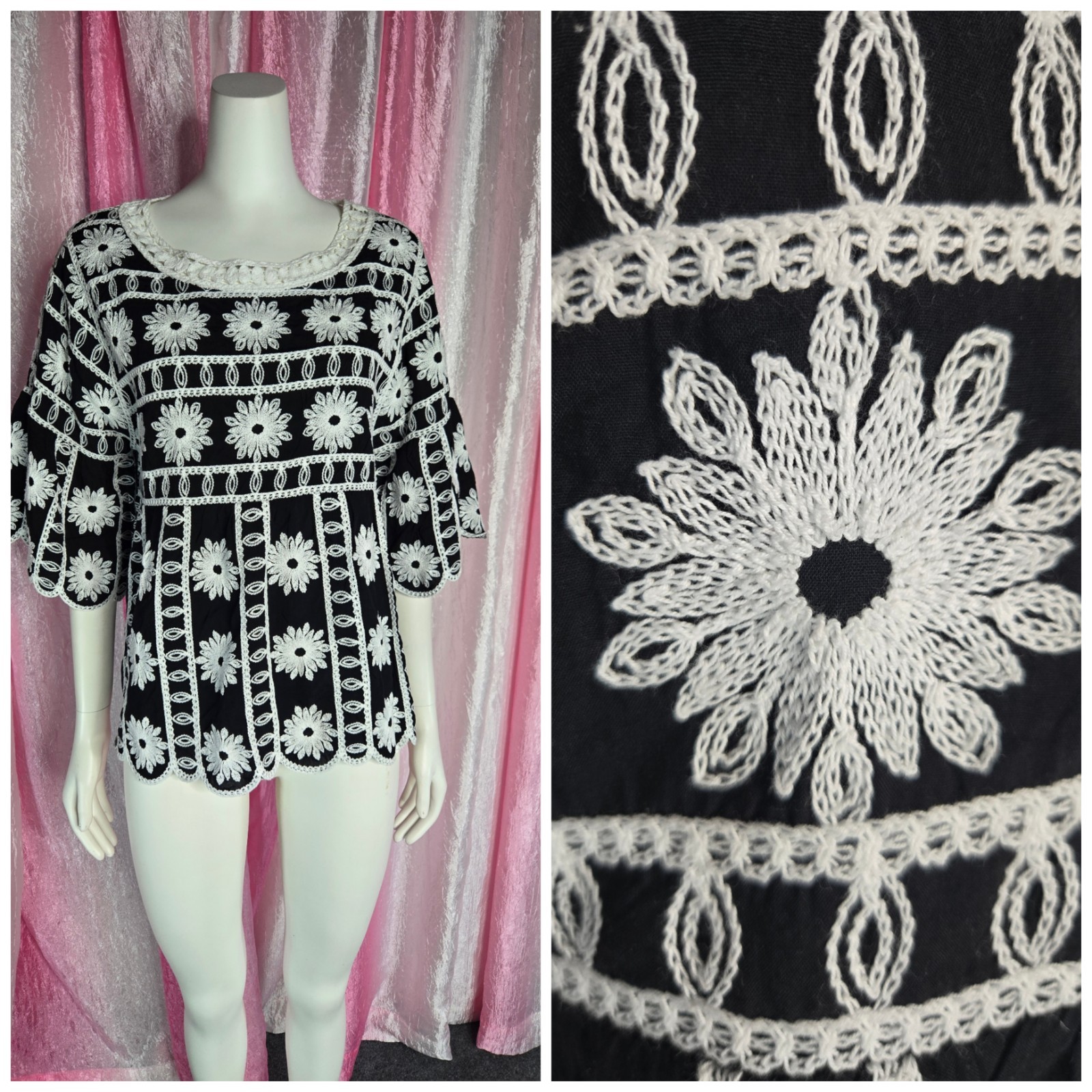 Indigo Poppy Bohemian White Floral Embroidered Babydoll Top Size Small