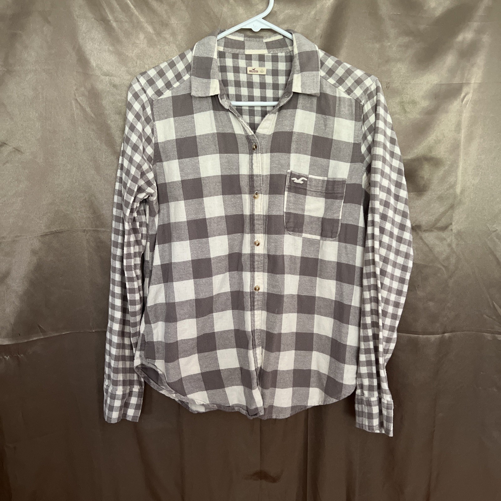 Y2K 00’s VTG Hollister Womens L Plaid Western Grunge Grey Flannel Button Shirt