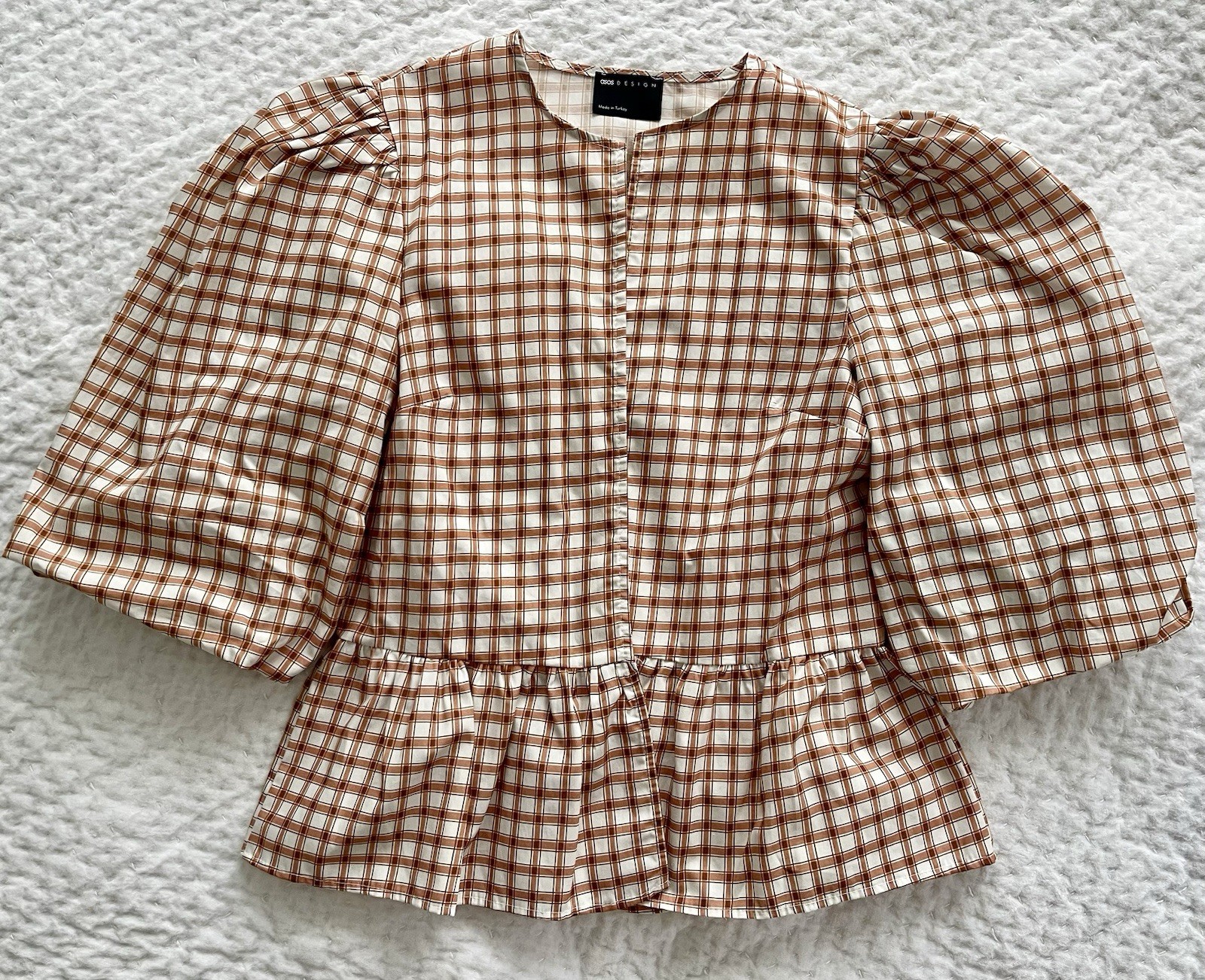 ASOS DESIGN Women’s Brown White Woven Cotton Plaid Peplum Puff Blouse XS