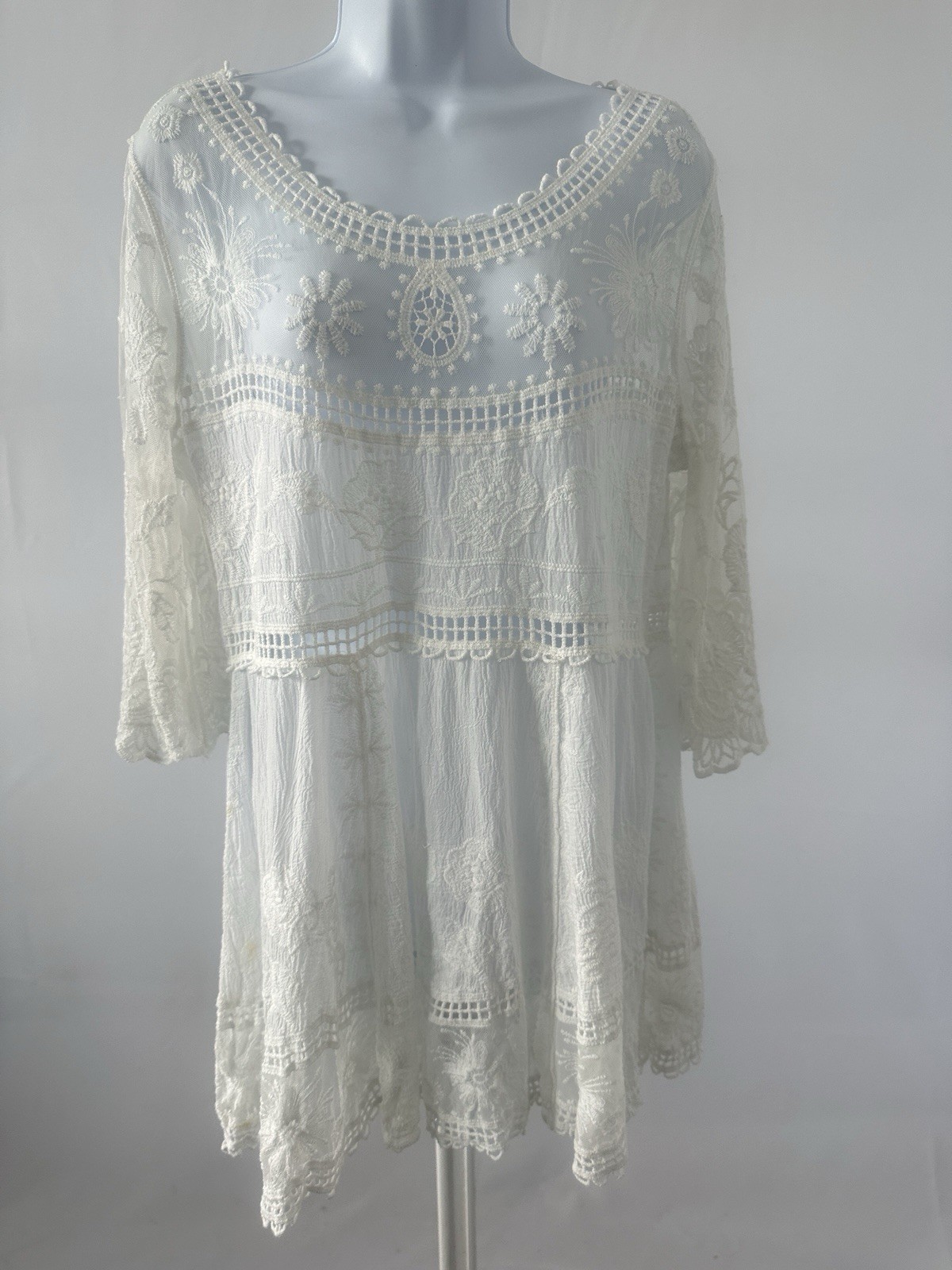 Women’s White Lace Mesh Knitted Tunic from Greece Sz: M Summer Beach Vacay (b49)