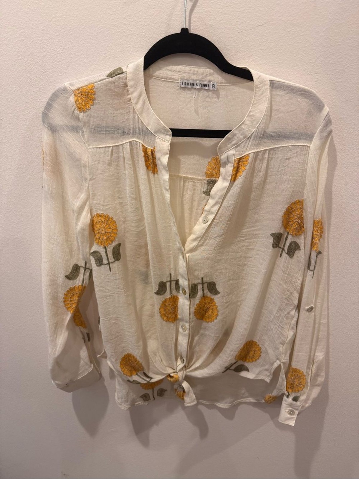 Figueroa & Flower Embroidered Floral Tie Front Blouse White Yellow Size PL