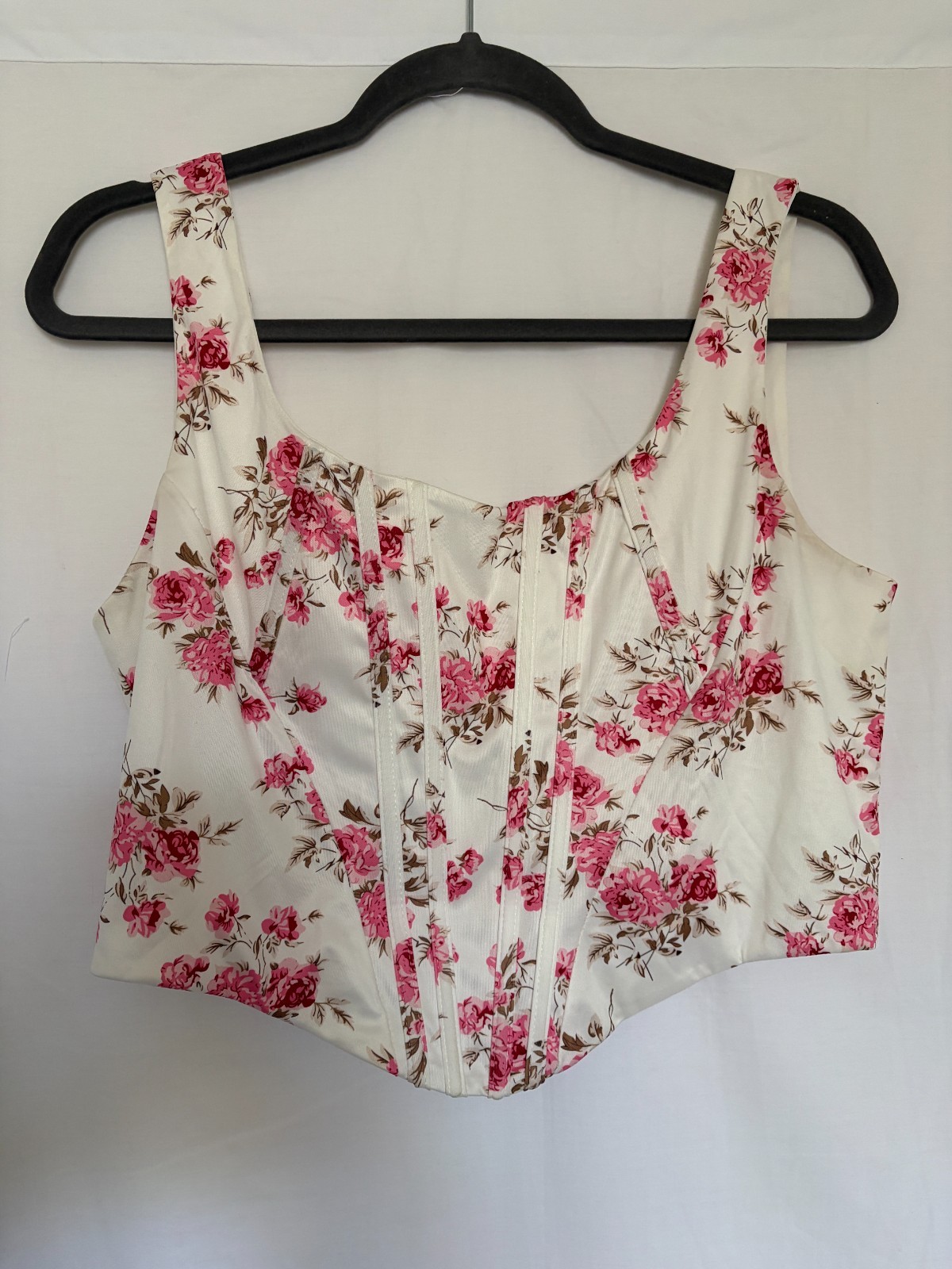 Pink & White Floral Corset Crop Top Size XL – Square Neck Zip Back