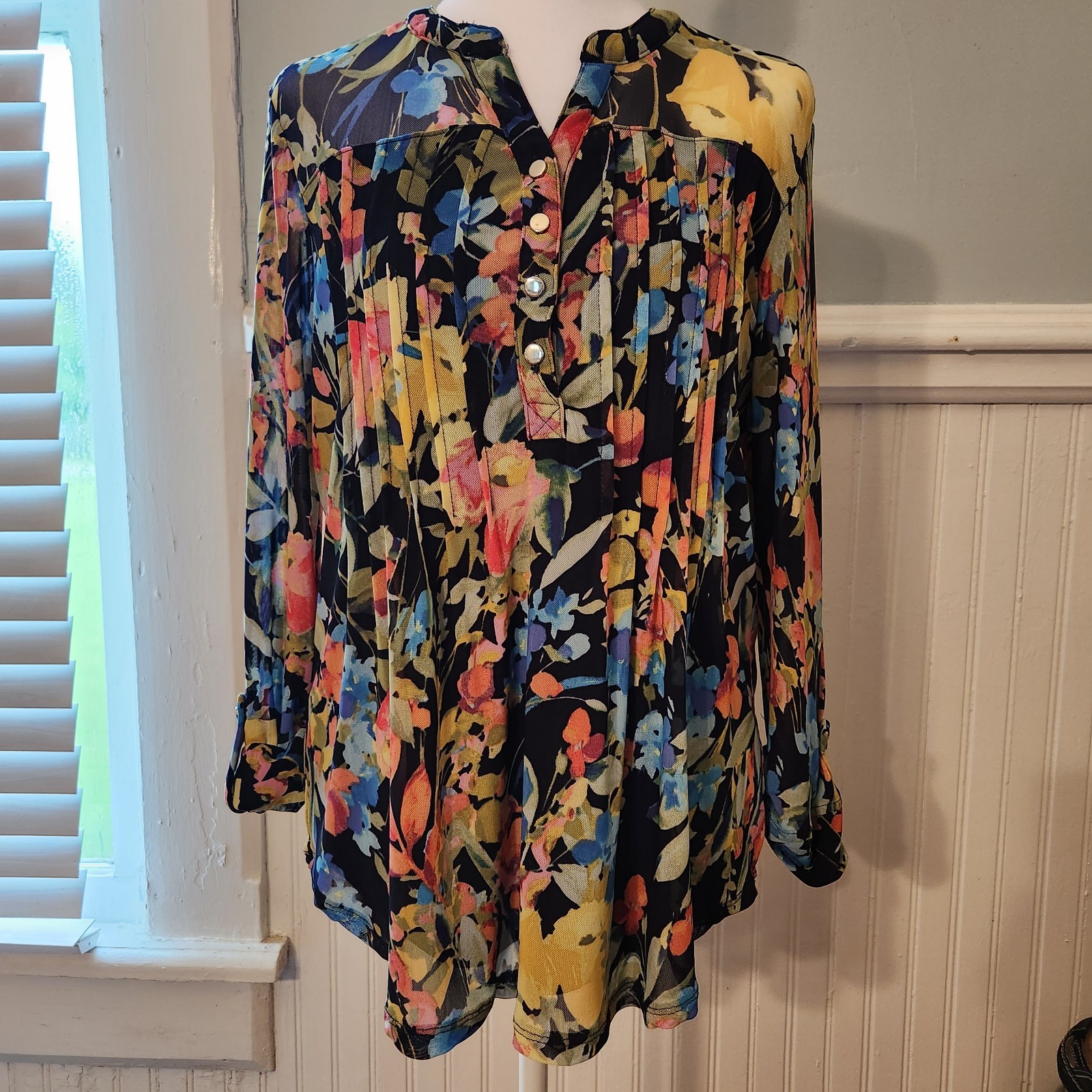 Roz & Ali Floral Boho Shirt 3/4 Sleeve Lined Pleated Blouse Fall Trends Office L