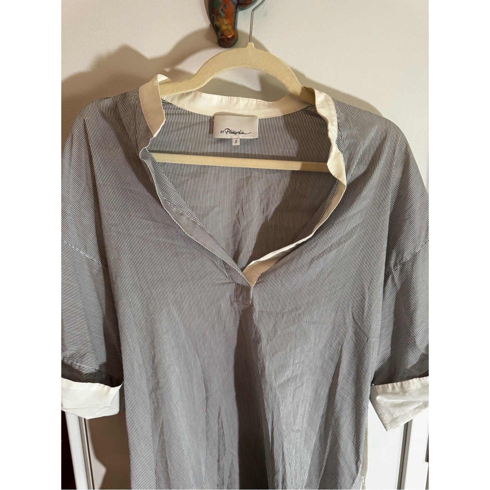 3.1 Phillip Lim Blue Gray Pinstripe Tunic with White Trim