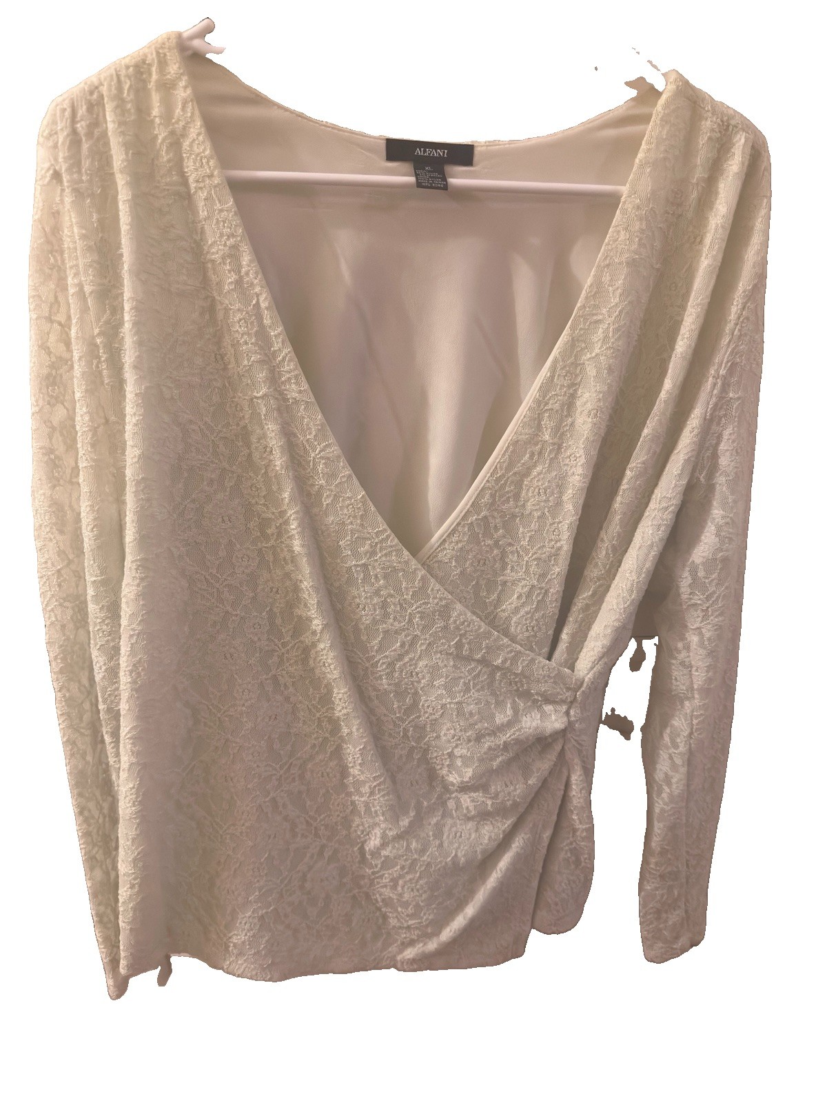 Women’s Ivory/Off White Lace Long Sleeve Wrap Top Surplice V-Neck Blouse Lined