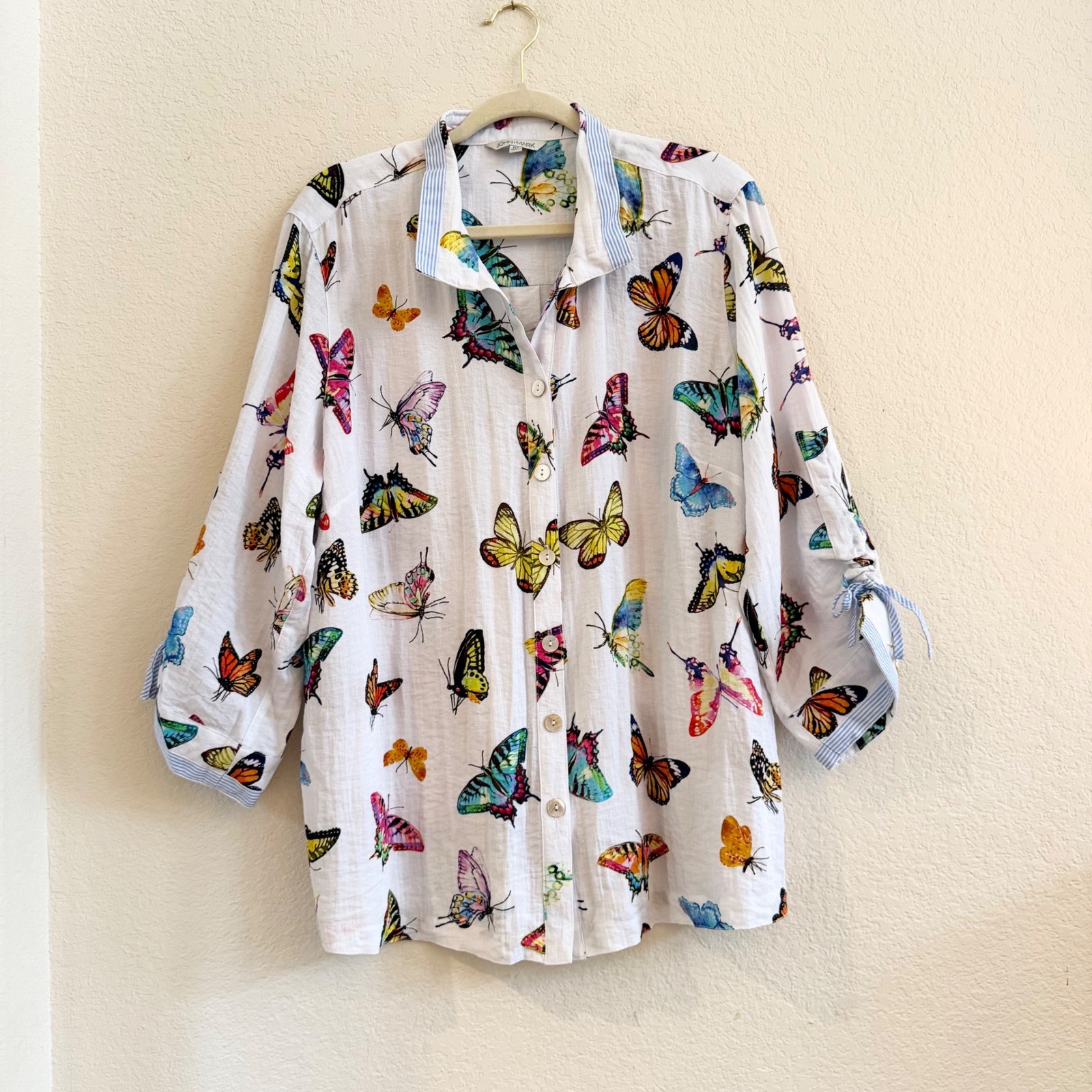 John Mark Butterfly Print Button Down Blouse White Plus Size 0X 3/4 Sleeve Tie