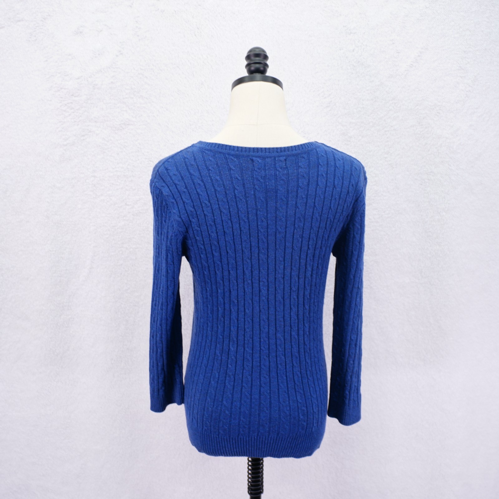 Laura Scott Blue Petite Small Ribbed Cotton Acrylic Knit V-Neck Sweater
