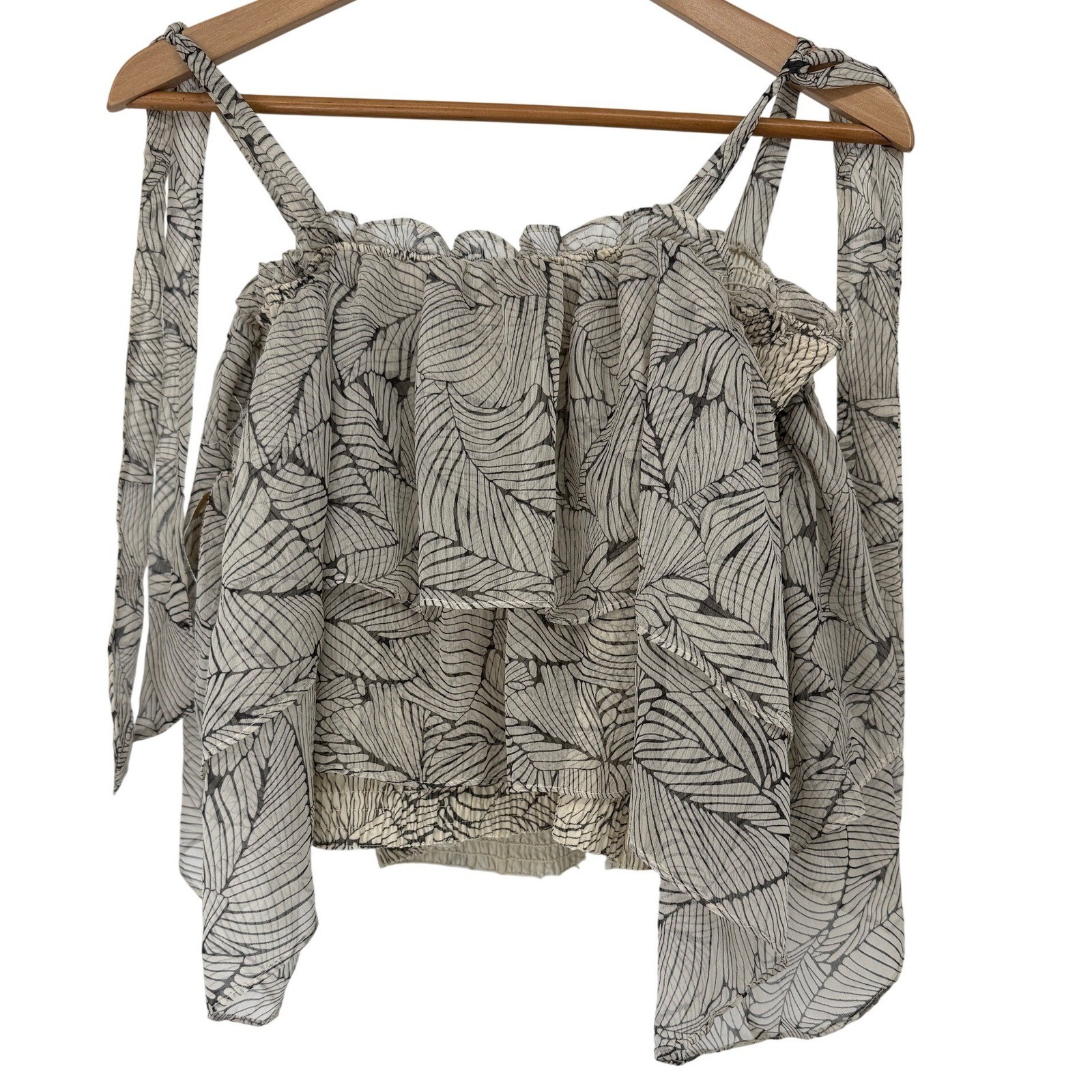 Lena Women Leaf Print Tiered Ruffle Tie Shoulder Smocked Camisole Top Romantic