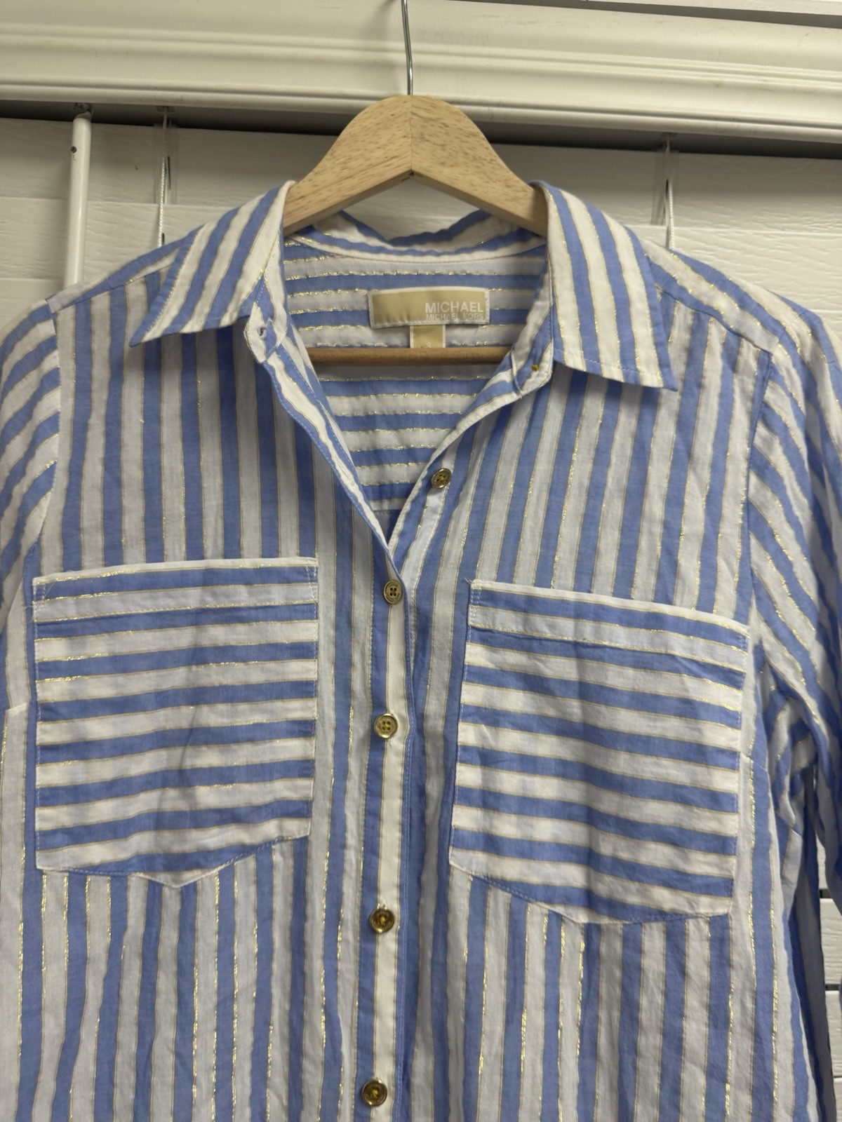Michael Kors Blue & White Striped Gold Style Long Sleeve Button Up Women’s S