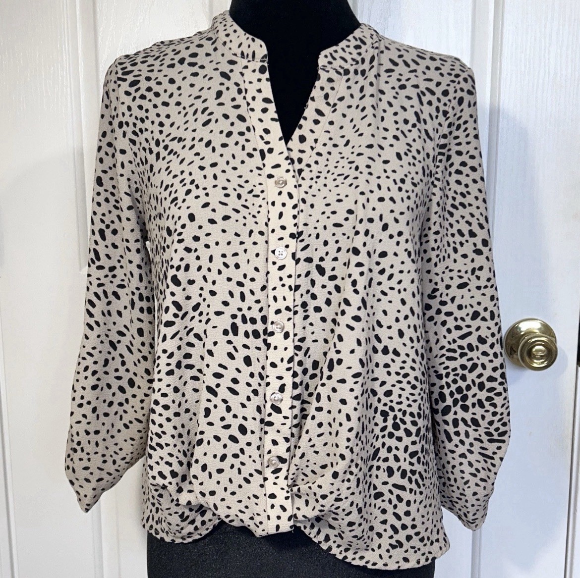 Hippie Rose Animal Print Blouse Womens M Beige Black Dalmatian Roll Tab Sleeve