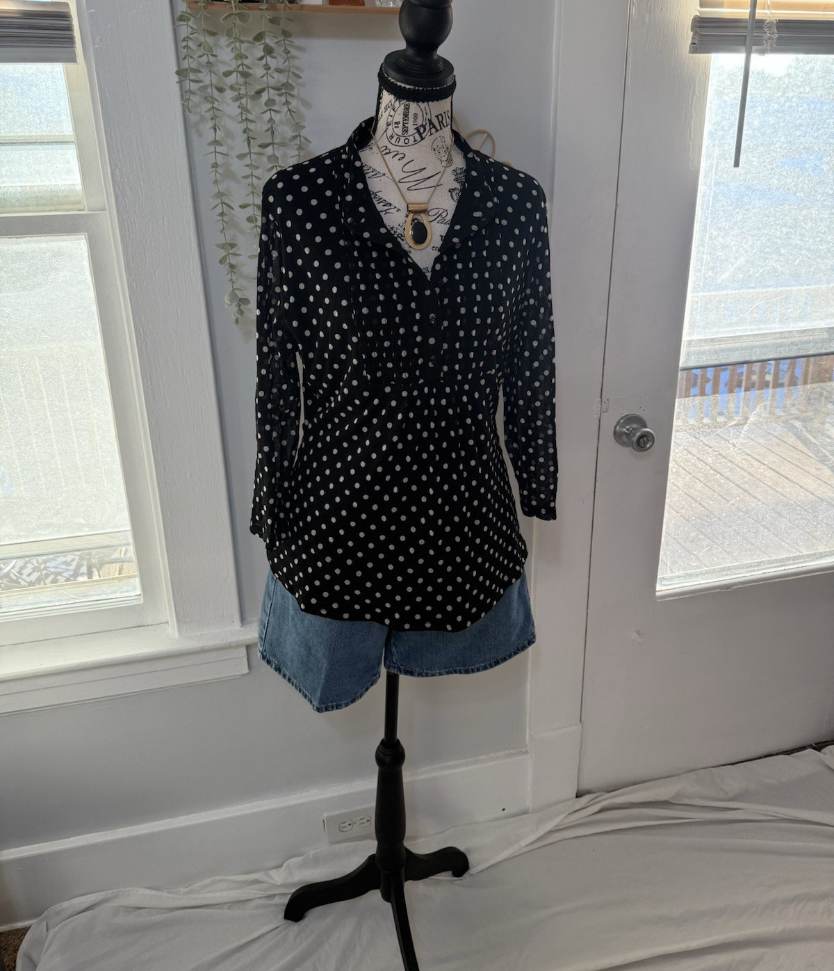 INC International Concepts Black/White Polka Dot V-Neck Button Woven Blouse XL