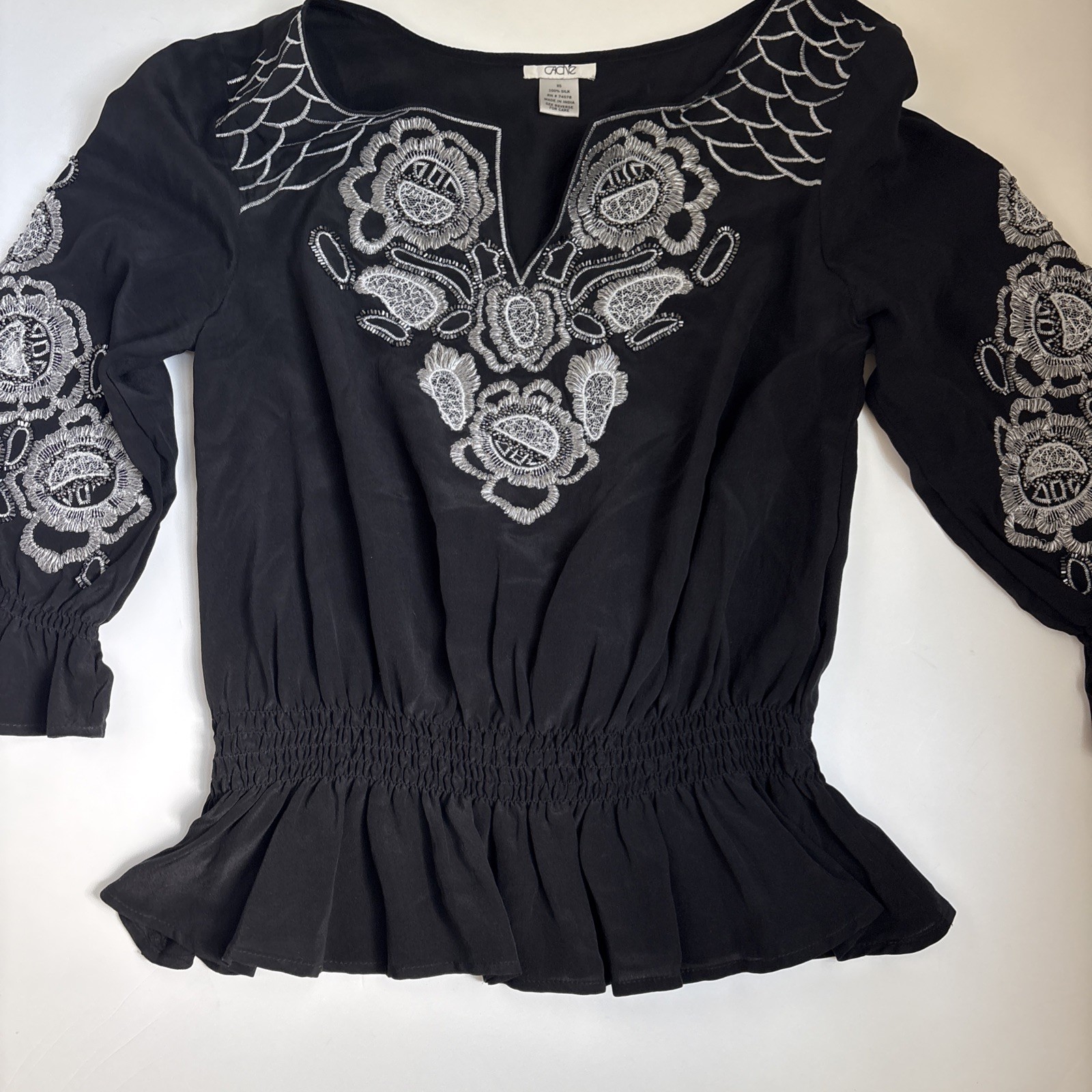 CACHE Black Embroidered Silk Top Size XS PERFECT CONDITION