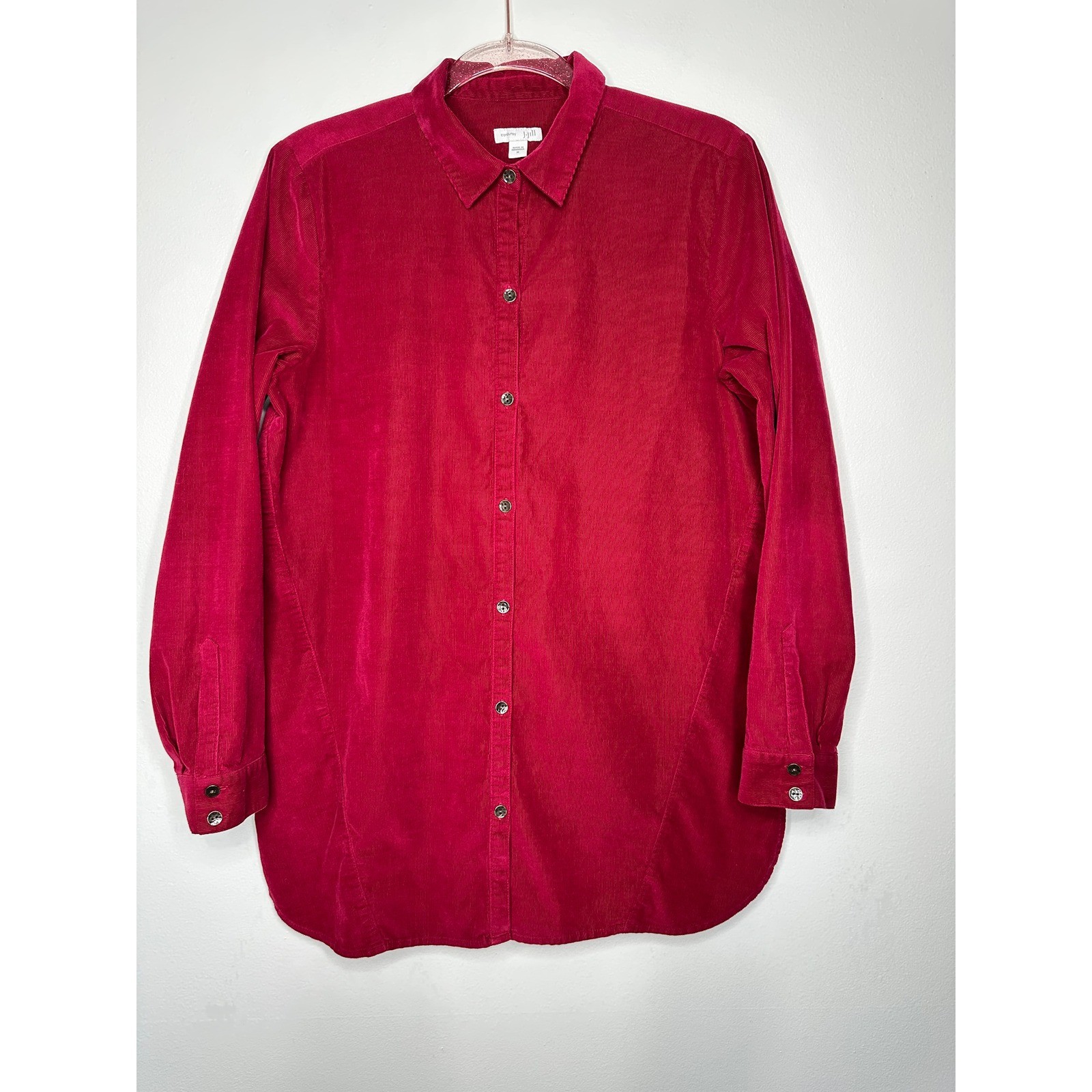 J Jill Corduroy Button Down Shirt Size M Red Long Sleeve Tunic Cotton Fall