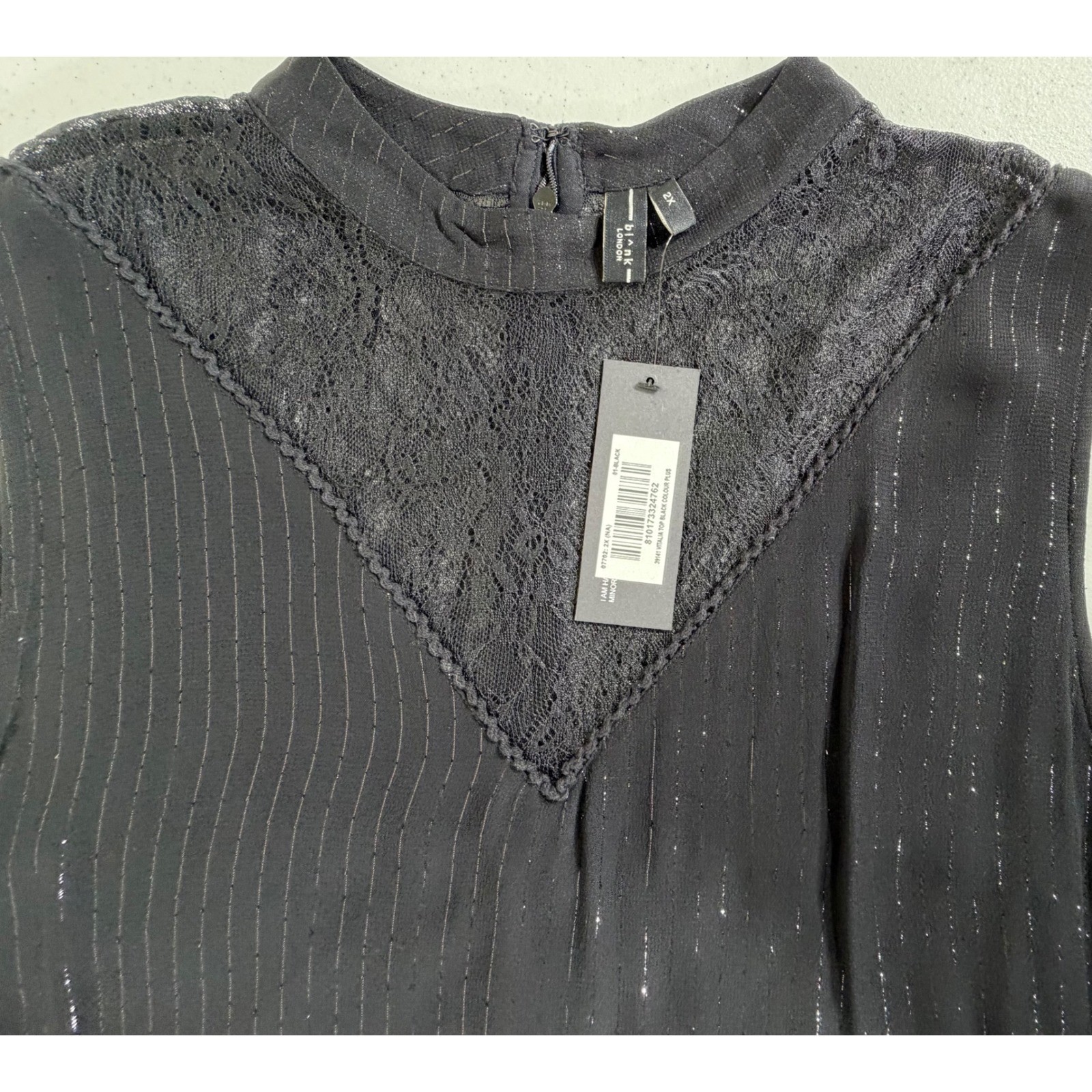 Bl^nk London Vitalia Top 2X Black Metallic Stripes Lace Mock Neck Sleeveless NWT