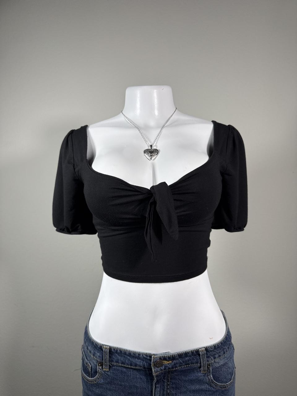 Y2K Altar’d State Black Tie Front Puff Sleeve Crop Top