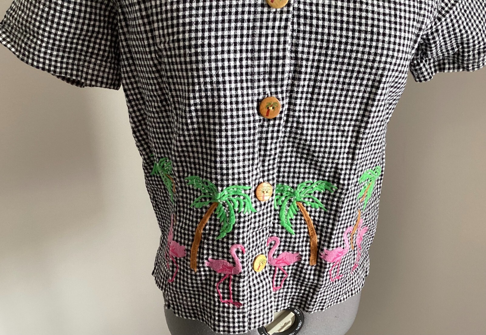 Natalie & me shirt small black white gingham embroidery flamingos buttons