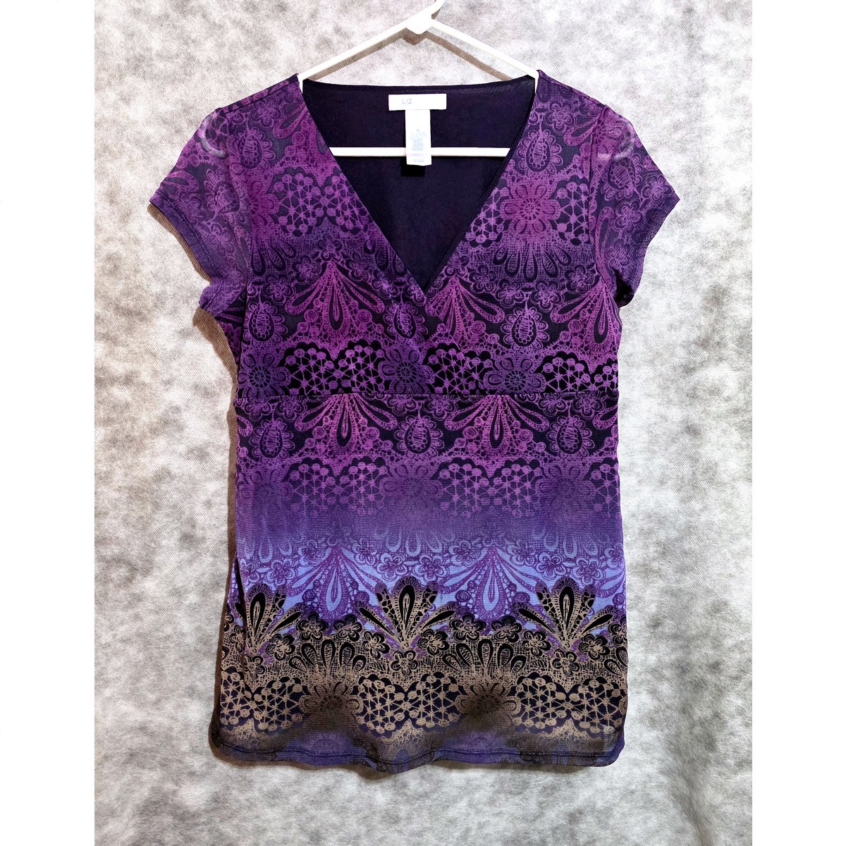 LizWear purple, blue, tan, black top Wmns Sz M lined