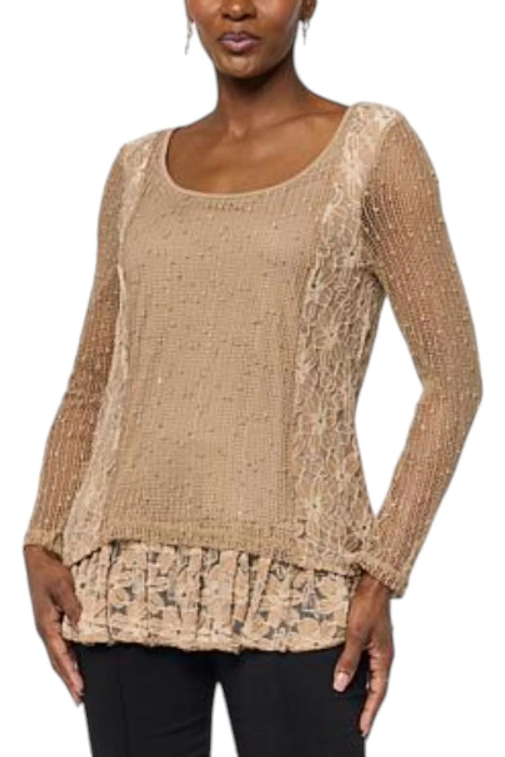 Nina Leonard Women’s Long-Sleeve Mixed-Media Blouse Tan
