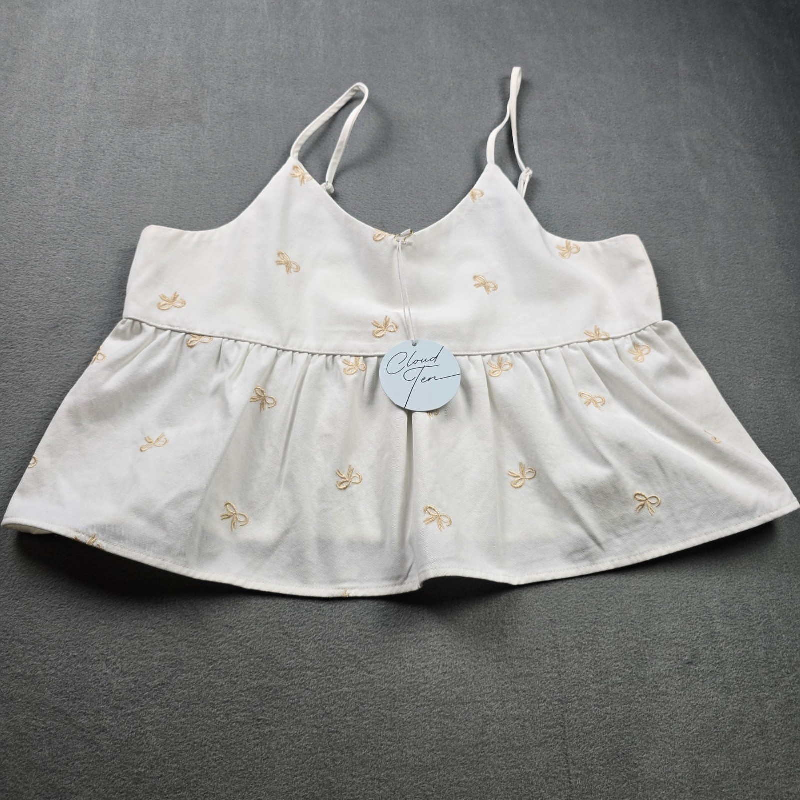 Cloud Ten Womens White Gold Bow Embroidered Babydoll Camisole Top L NWT