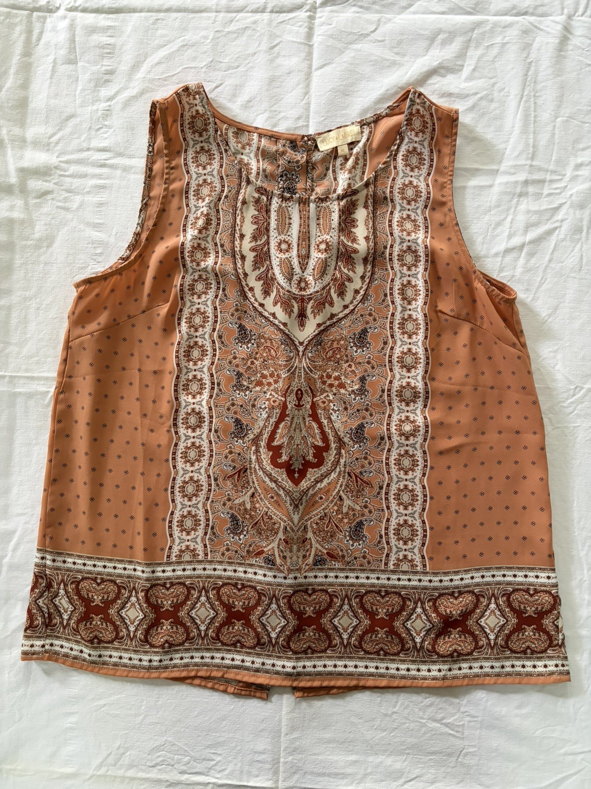 Lucy and Laurel Sleeveless Peasant Top Womens XL Peach White Floral Paisley Boho